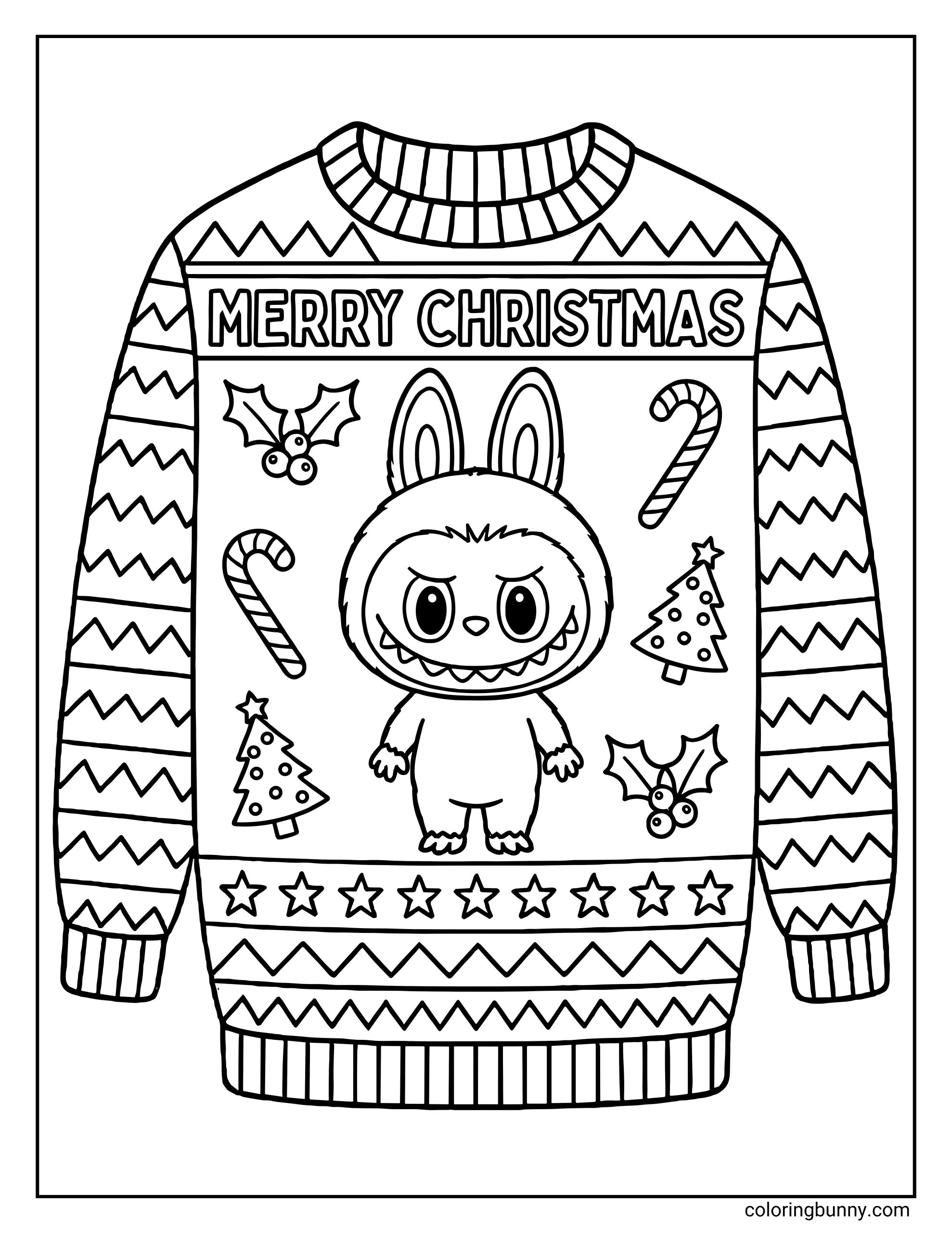 Labubu Christmas coloring page showing a Christmas sweater design featuring Labubu, "MERRY CHRISTMAS" text, candy canes, and zigzag patterns.