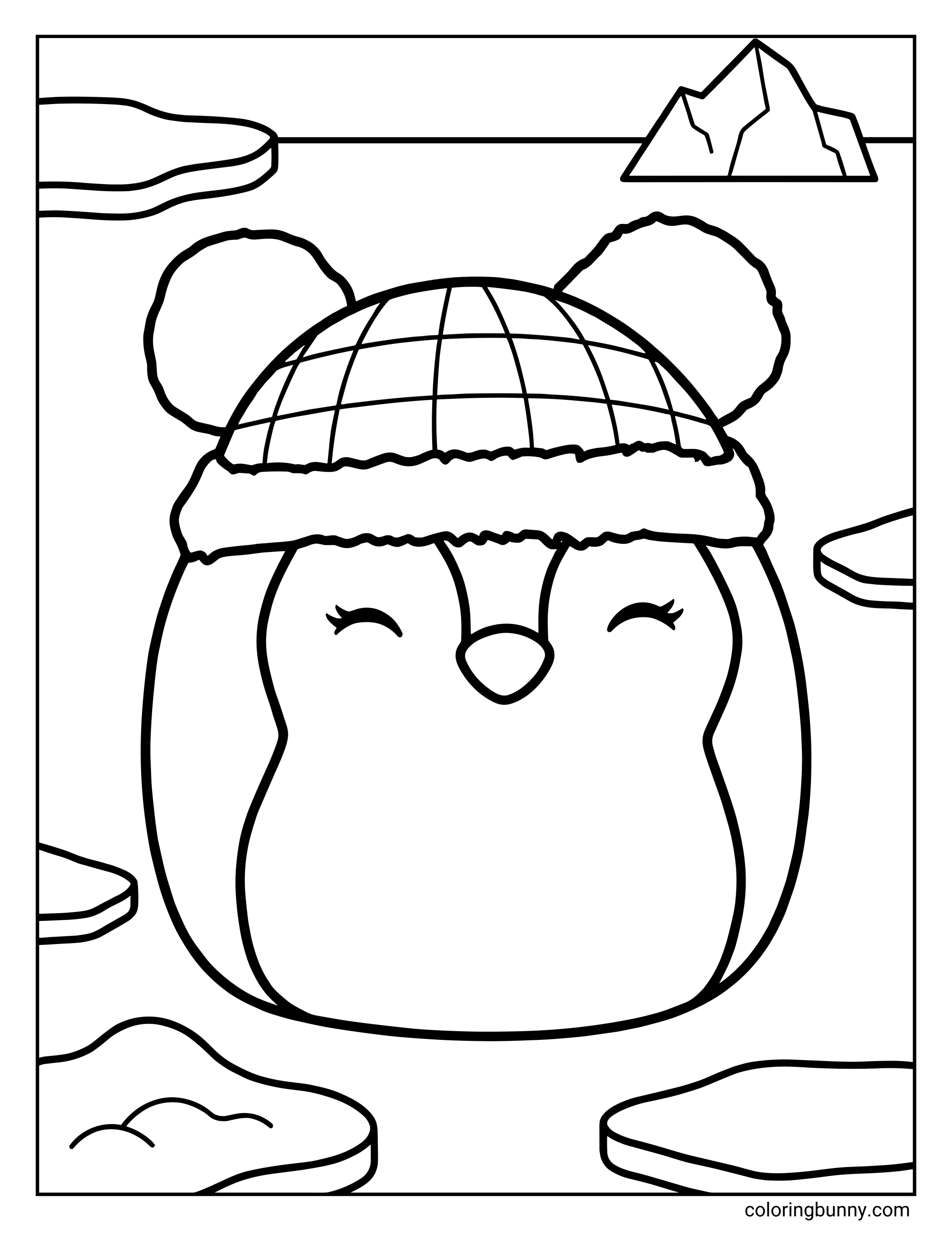 A simple Squishmallow coloring page of Luna the Penguin, shown as a round, plush-style penguin wearing a cozy winter hat with fluffy trim and pom-pom details. Luna is standing on icy ground surrounded by floating ice floes and distant snowy shapes, creating a calm arctic scene.
