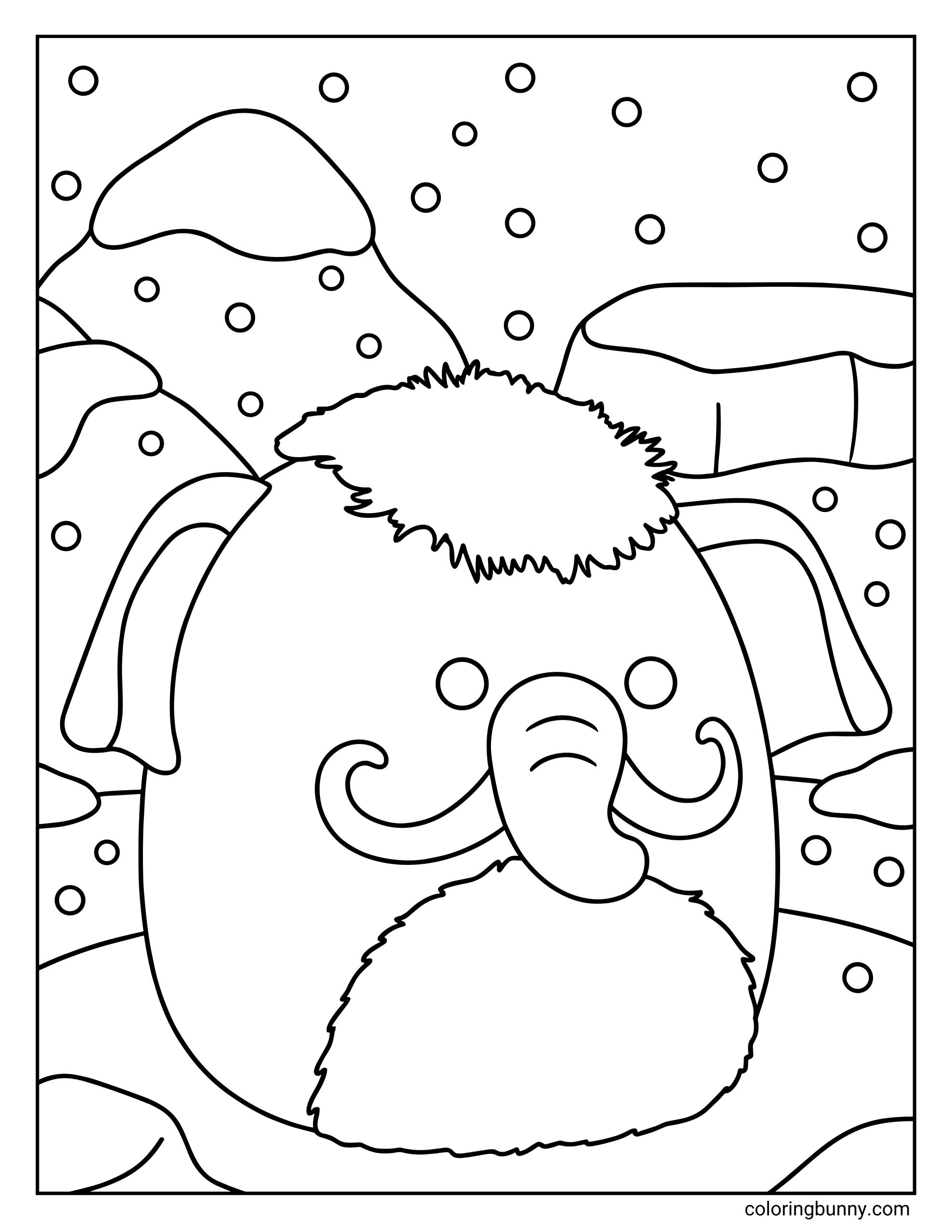 A Squishmallow coloring page of Magdalena the woolly mammoth standing in a snowy, icy landscape, with fluffy fur details on her head and belly and curved tusks framing her trunk. Snowflakes fall around her, with layered mountains and frozen terrain in the background, creating a cozy prehistoric winter scene.