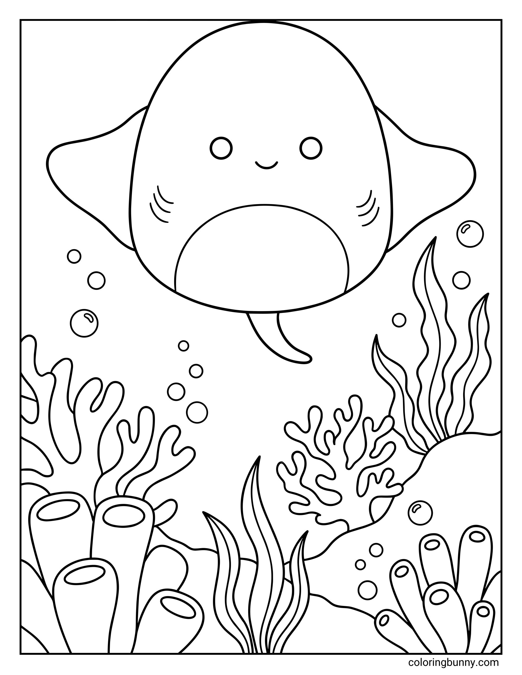A Squishmallow coloring page of Maggie the stingray floating calmly underwater with her wide fins spread out and a small smiling face. She is surrounded by bubbles, coral, sea plants, and ocean details, creating a peaceful underwater scene thatβs perfect for relaxing coloring.