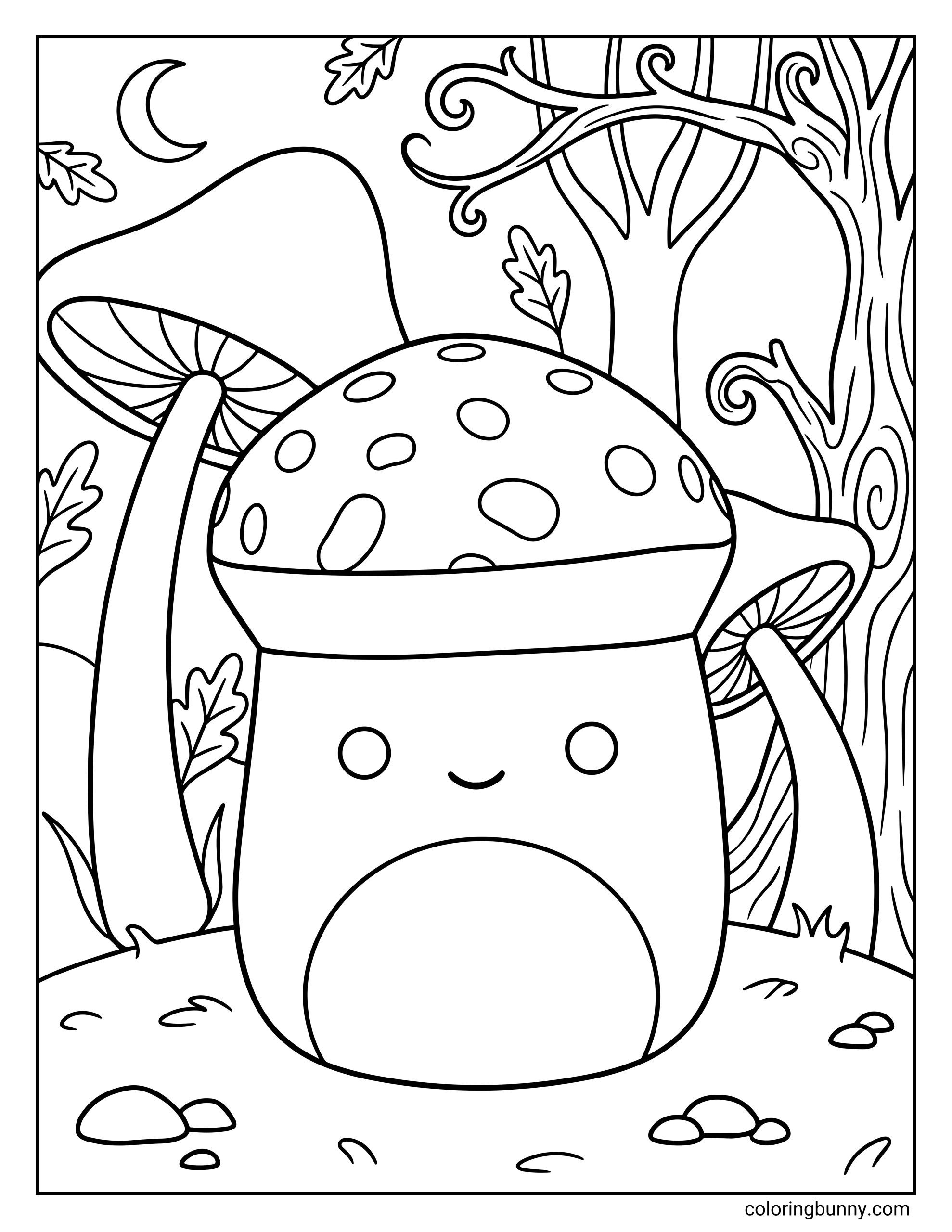 A Squishmallow coloring page of Malcolm the Mushroom standing in a whimsical forest scene, with his rounded mushroom cap covered in spots and a soft, smiling face. He is surrounded by tall mushrooms, curling tree branches, scattered leaves, and small rocks on the forest floor, creating a cozy, storybook woodland setting.