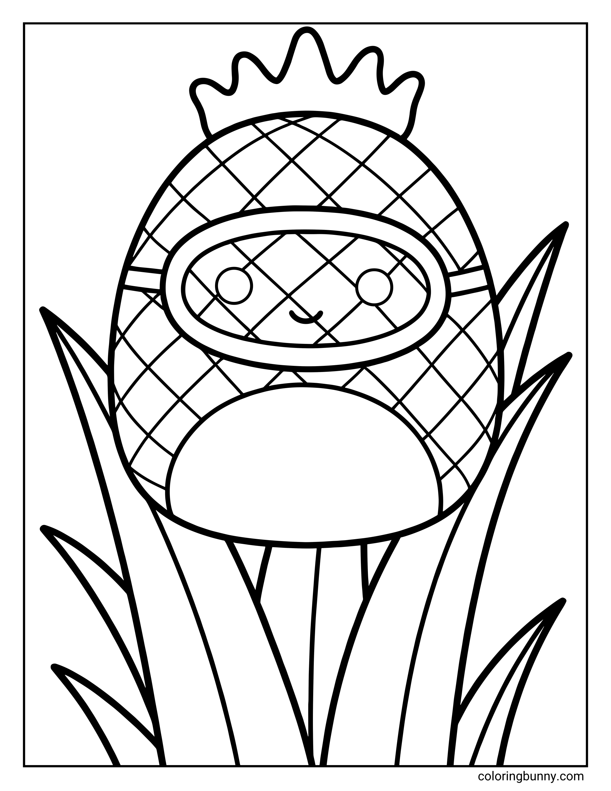 A Squishmallow coloring page of Maui the Pineapple, shown as a round, smiling pineapple character with a textured crisscross pattern across the body and a spiky leafy crown on top. Maui is nestled among tall tropical leaves, with a simple oval face panel and soft, rounded features that give the character a cute, plush-like appearance.
