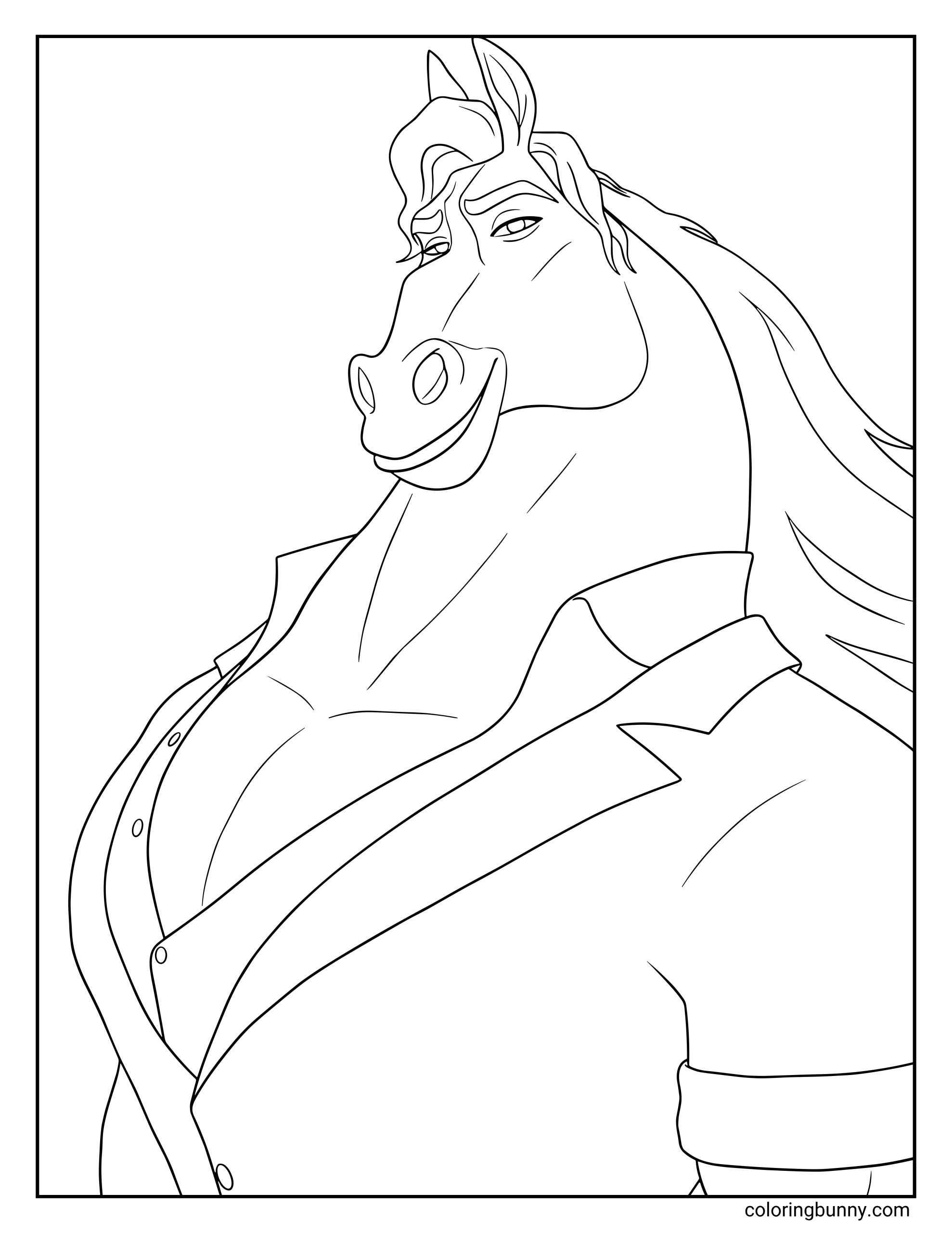 A Zootopia 2 coloring page of Mayor Brian Winddancer, a tall, muscular horse character shown from the chest up. He has a confident, slightly smug expression with half-lidded eyes and a sweeping mane that falls over one side of his face. He’s wearing an open-collared button-up shirt that reveals his broad chest and defined torso. His posture is proud and imposing, as if he’s making a charismatic entrance or delivering an important speech in Zootopia 2.
