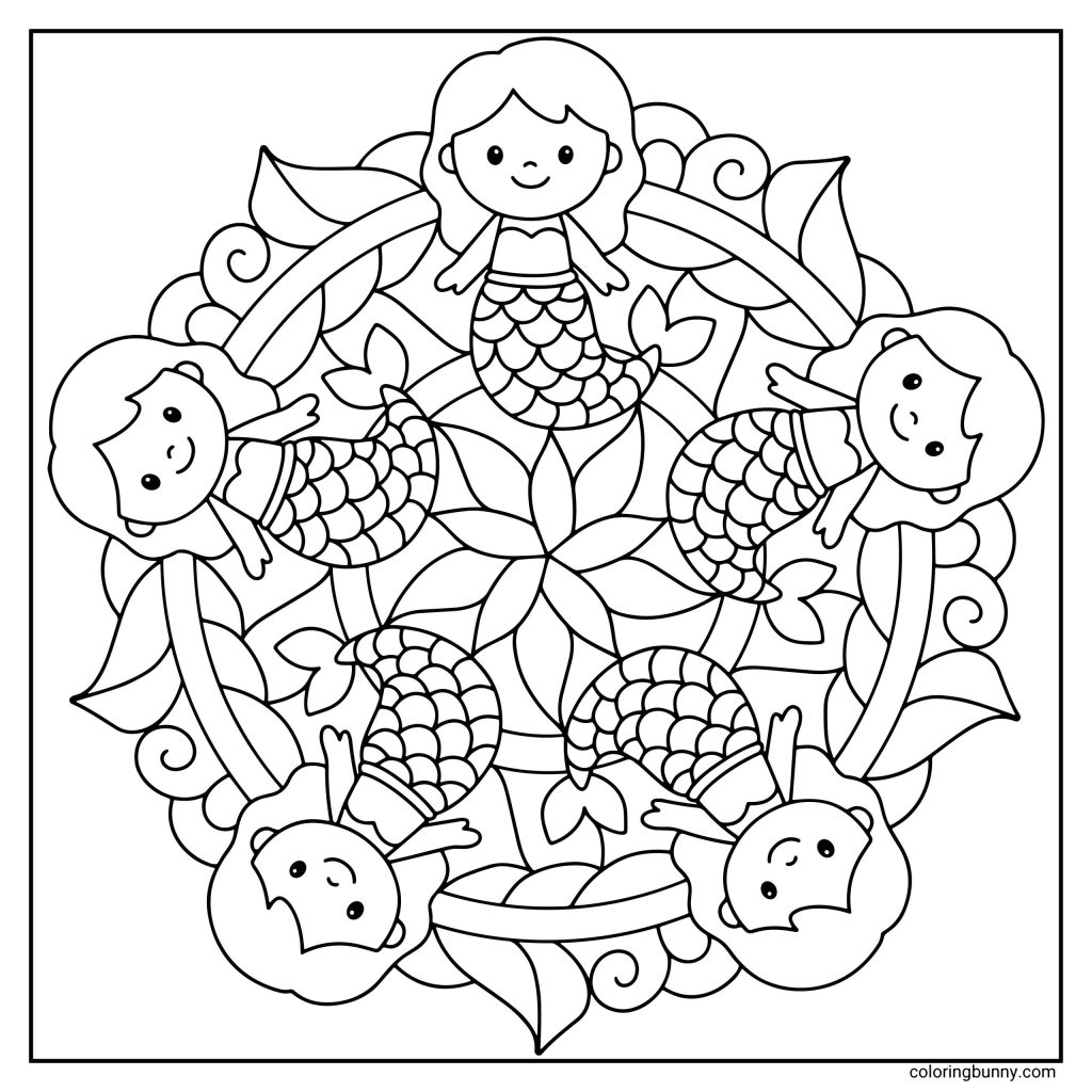 A hand-drawn mermaid scales mandala coloring page featuring smiling mermaids arranged in a circular pattern, with repeating scale details, flowing hair, leafy shapes, and a symmetrical floral center design.