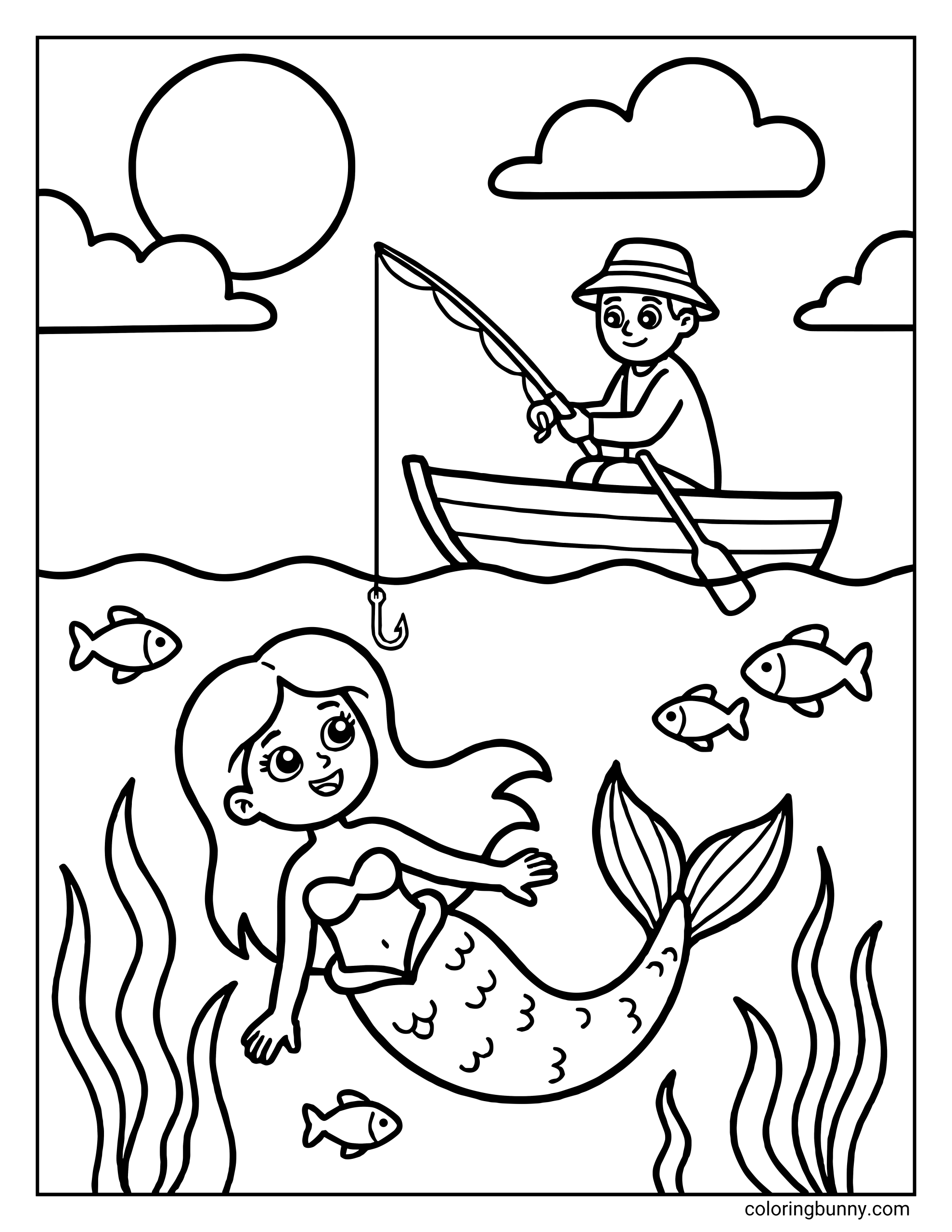 A coloring page showing a scene above and below the water. Above, a fisherman sits in a boat holding a rod under the sun, while below, a smiling mermaid swims near the fishing hook amidst seaweed and small fish.