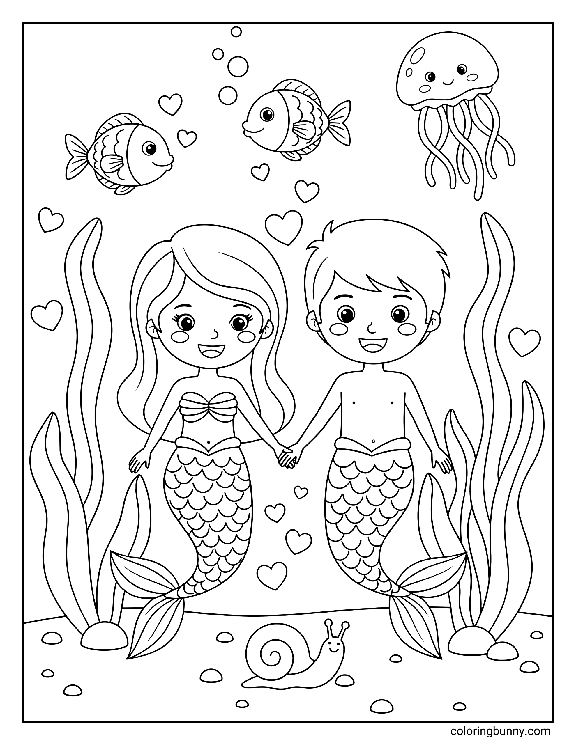 A cute coloring page of a mermaid and merman holding hands, surrounded by floating hearts, swimming fish, and a friendly jellyfish.