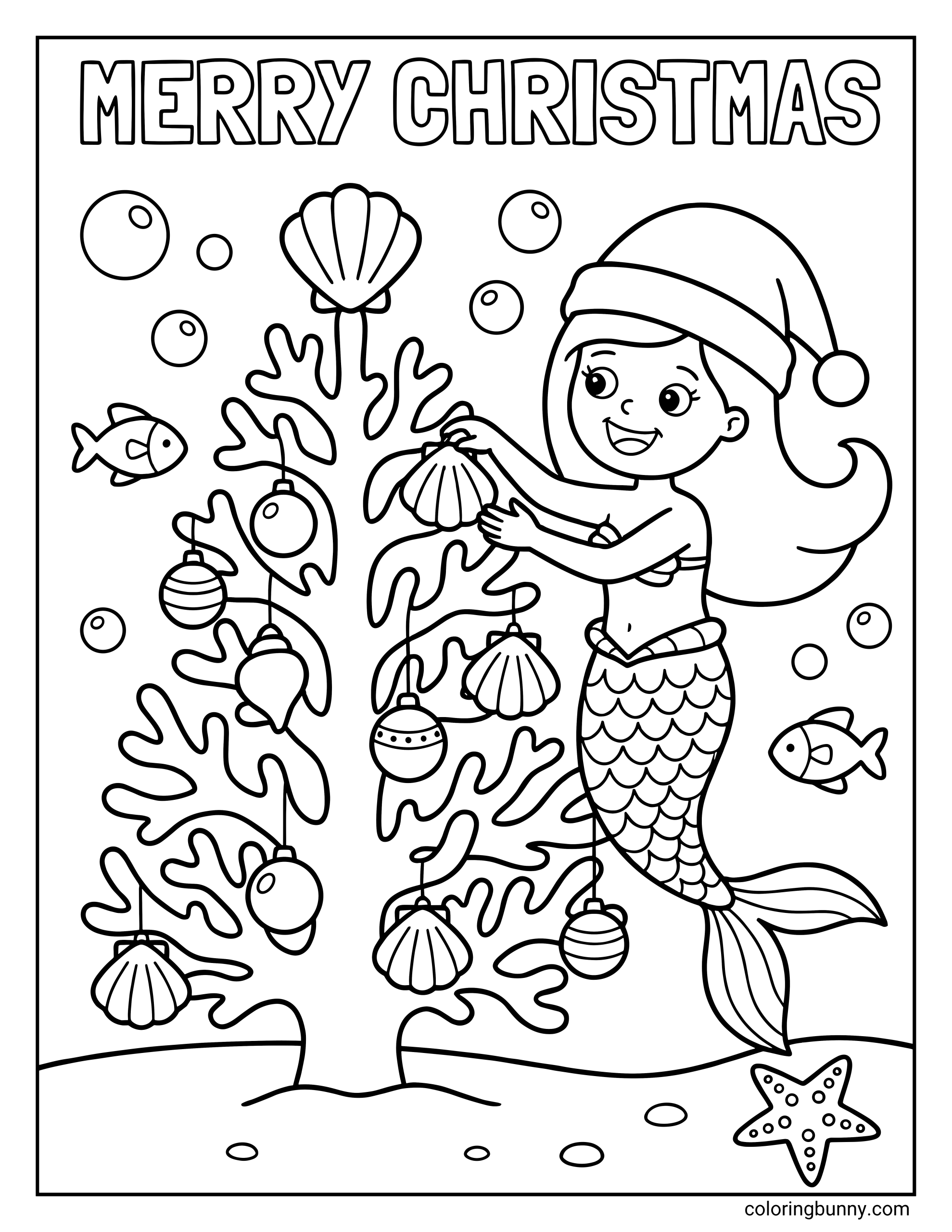 A mermaid Christmas coloring page with the text "MERRY CHRISTMAS" at the top, showing a mermaid in a Santa hat decorating a coral tree with hanging ornaments and seashells, surrounded by bubbles, fish, and a starfish.