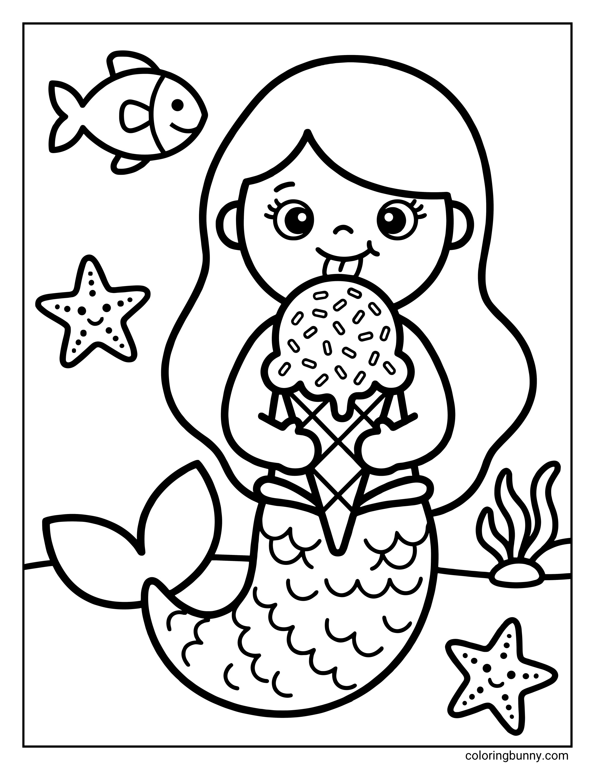 A coloring page of a cute mermaid holding a large ice cream cone with sprinkles and licking it. She is surrounded by a swimming fish at the top and two smiling starfish at the bottom.