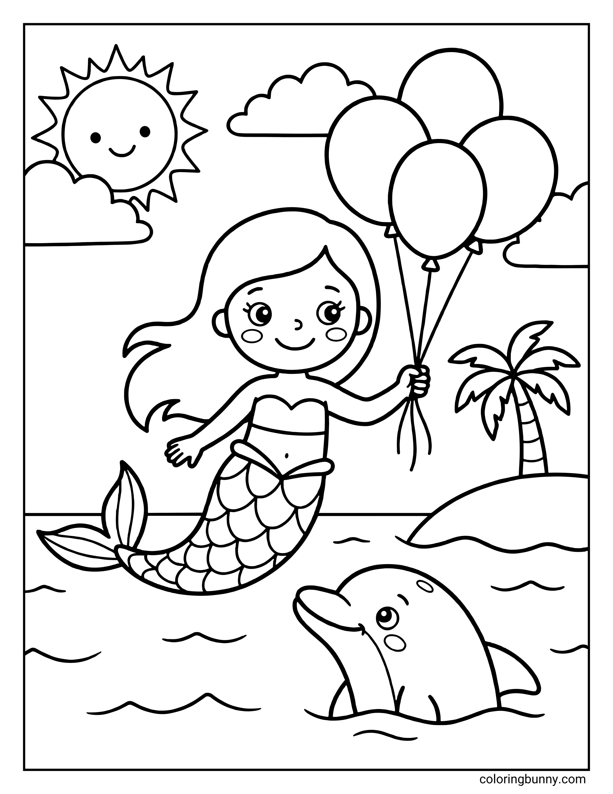 A coloring page of a smiling mermaid holding three balloons while floating above the water. A dolphin peeks out of the waves below her, and the background features a small island with a palm tree, clouds, and a sun with a face.