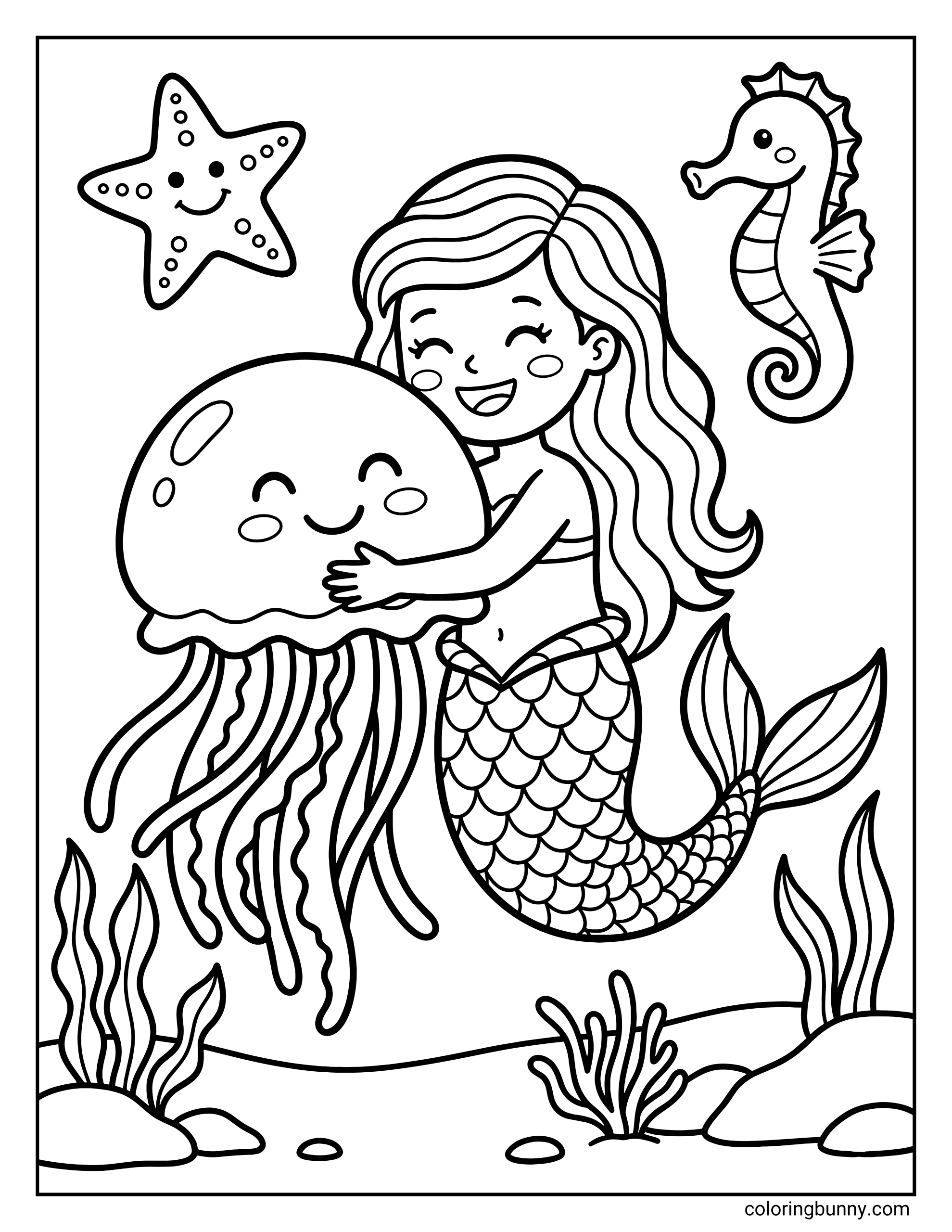 A coloring page of a smiling mermaid hugging a large happy jellyfish, surrounded by a seahorse, a starfish, and underwater plants.
