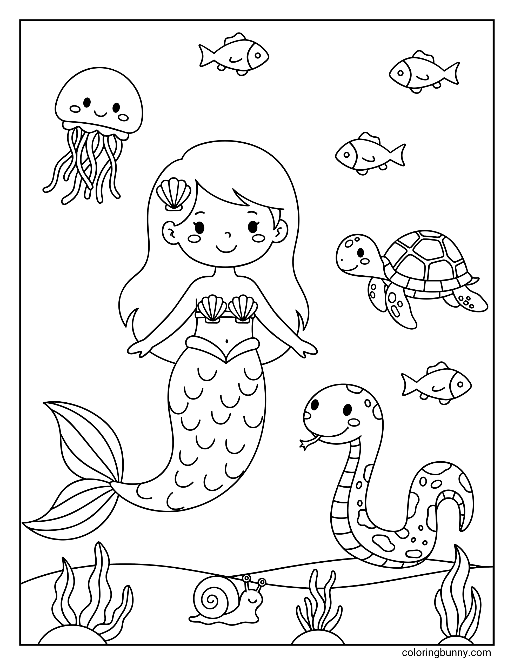 A coloring page of a mermaid smiling as she swims in the center of a lively underwater environment, surrounded by a spotted sea snake on the left, a sea turtle on the right, a floating jellyfish above, and a snail on the seabed below amidst coral and small fish.