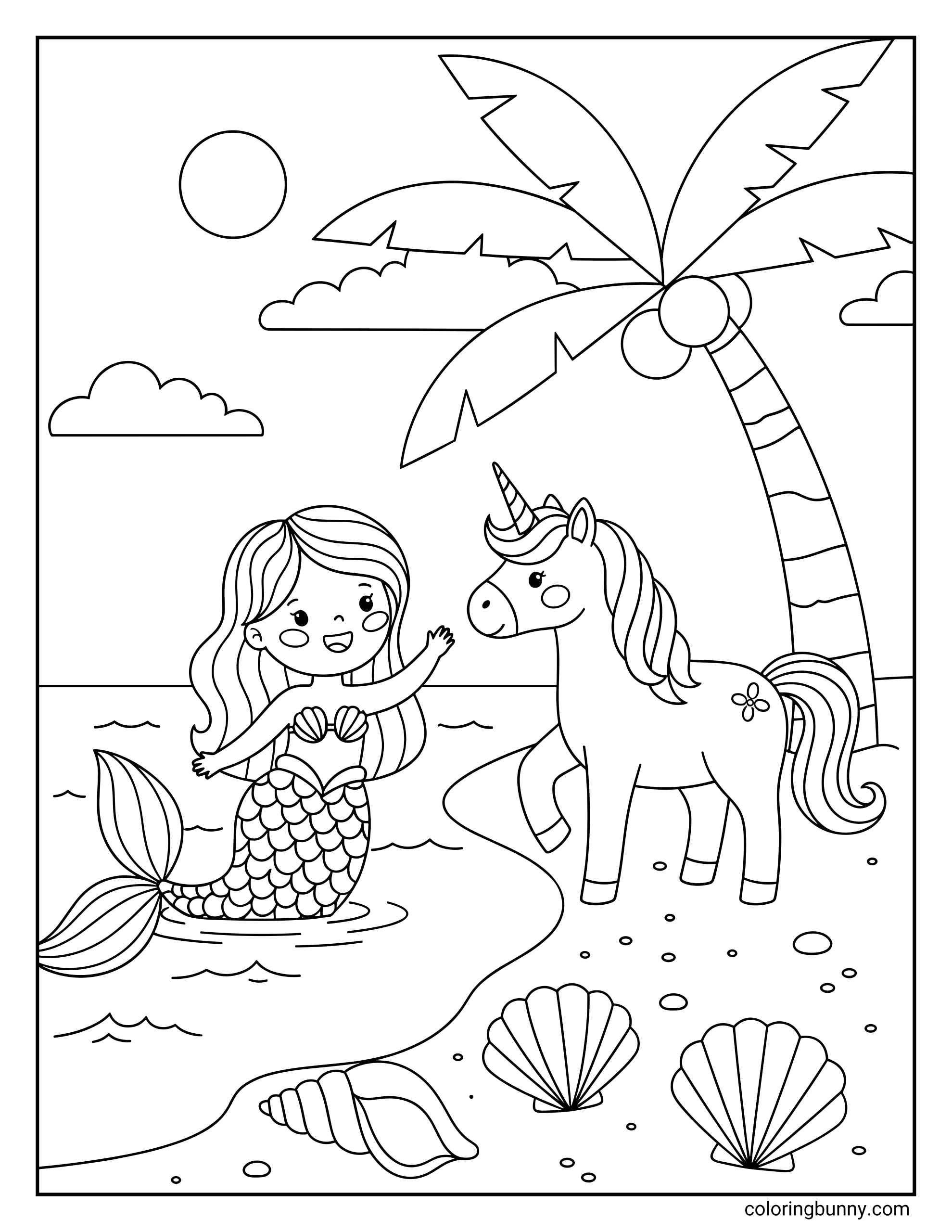 A coloring page of a cute mermaid in the water waving to a unicorn standing on the sandy shore next to a palm tree and large seashells under a sunny sky.