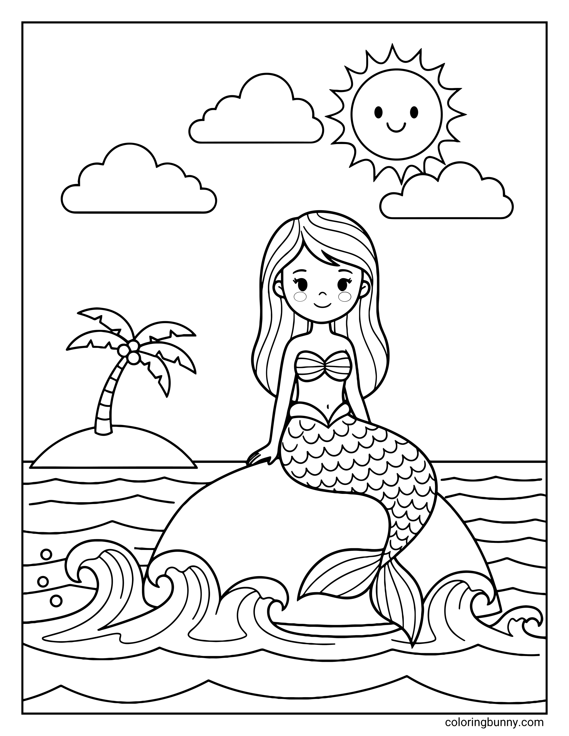 A coloring sheet showing a mermaid resting on a rock, surrounded by waves, with a tropical island and clouds behind her.