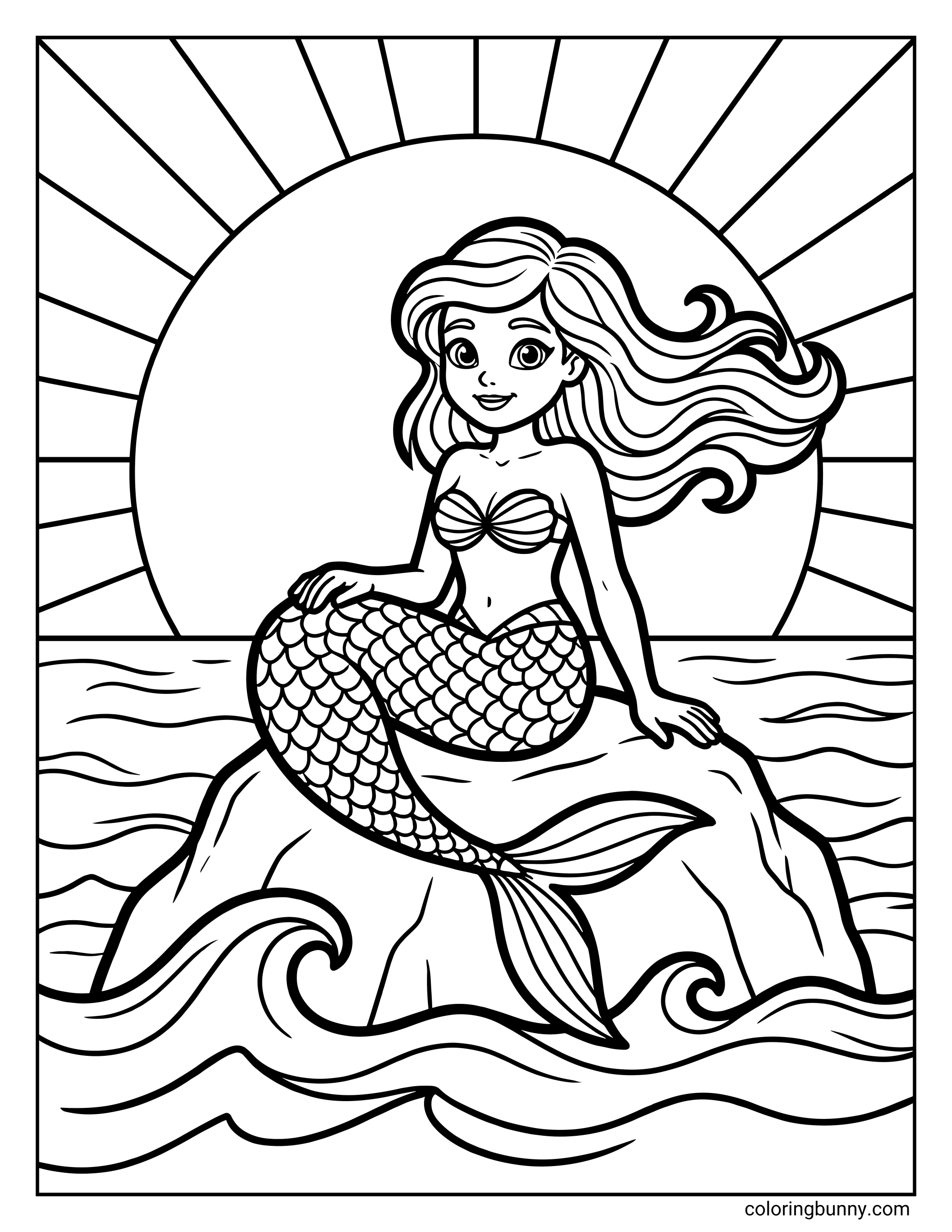 A coloring page of a mermaid with long flowing hair sitting on a rock in the middle of the sea. Behind her is a large setting sun with rays radiating outward, and waves are crashing around the base of the rock.
