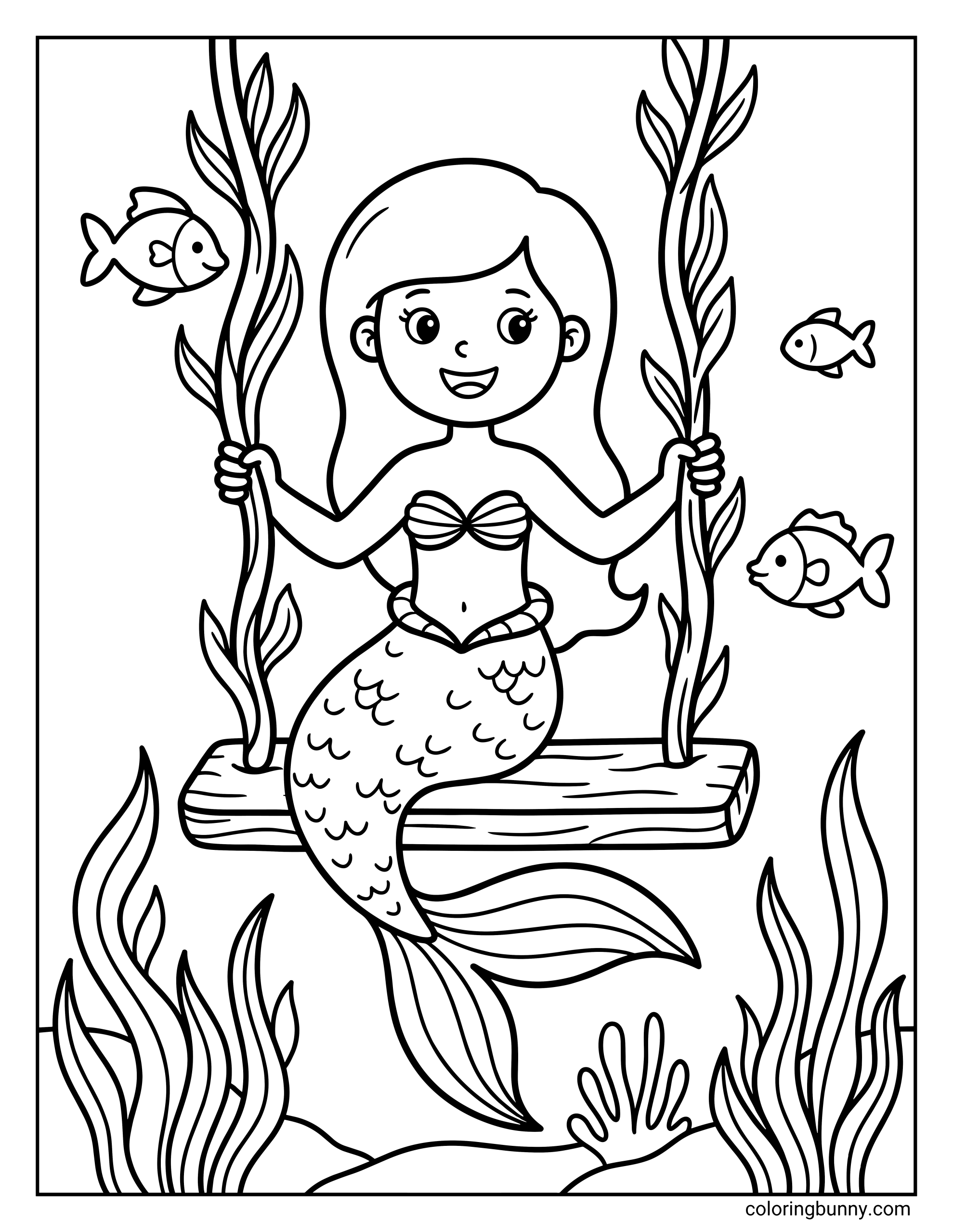 A coloring page of a mermaid sitting on a wooden swing held up by long seaweed vines. She is surrounded by three small fish and wavy plants at the bottom of the ocean.