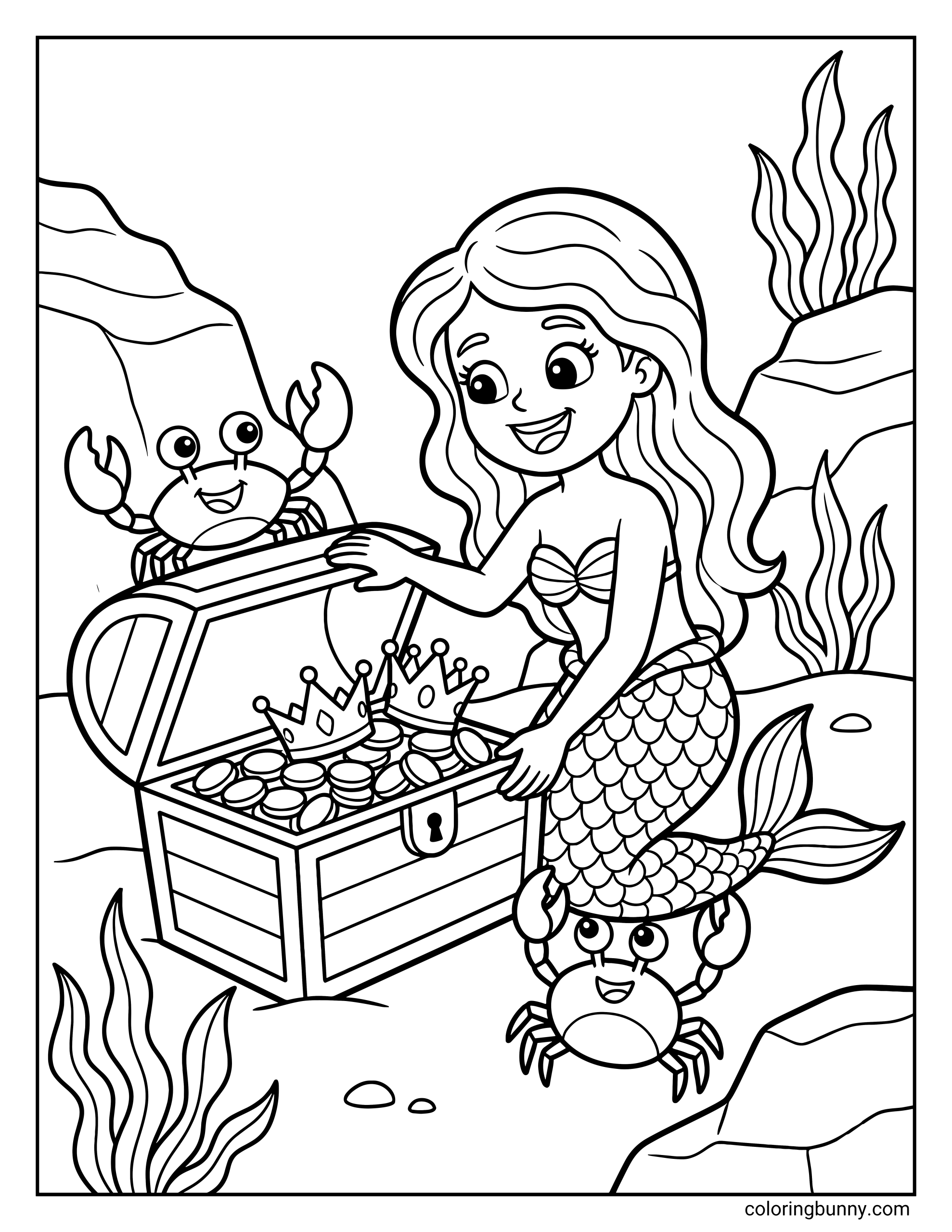 A coloring page of a smiling mermaid opening a wooden treasure chest filled with gold coins and two crowns, accompanied by two happy crabs in a rocky underwater setting.