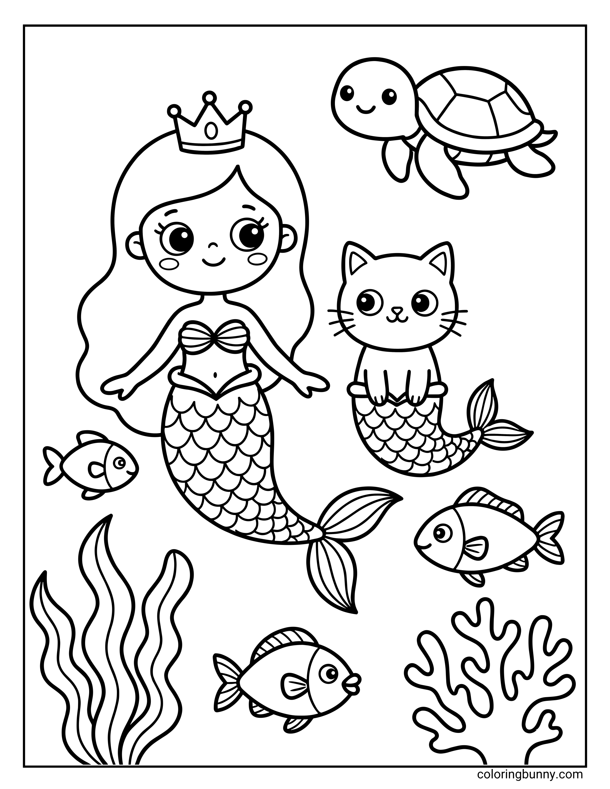 A coloring page of a smiling mermaid princess wearing a crown next to a cute cat with a mermaid tail, surrounded by a swimming sea turtle, three fish, seaweed, and coral.