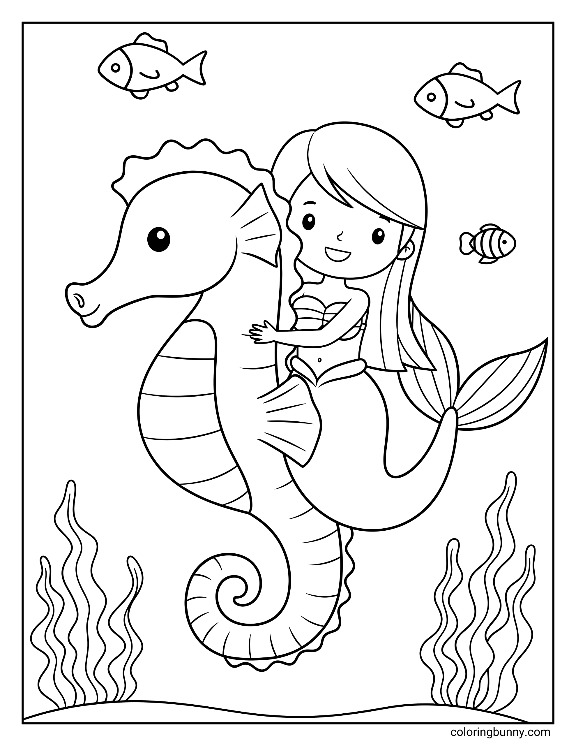 A fun coloring sheet featuring a happy mermaid riding on the back of a large seahorse, surrounded by three small swimming fish and waving seaweed at the bottom.