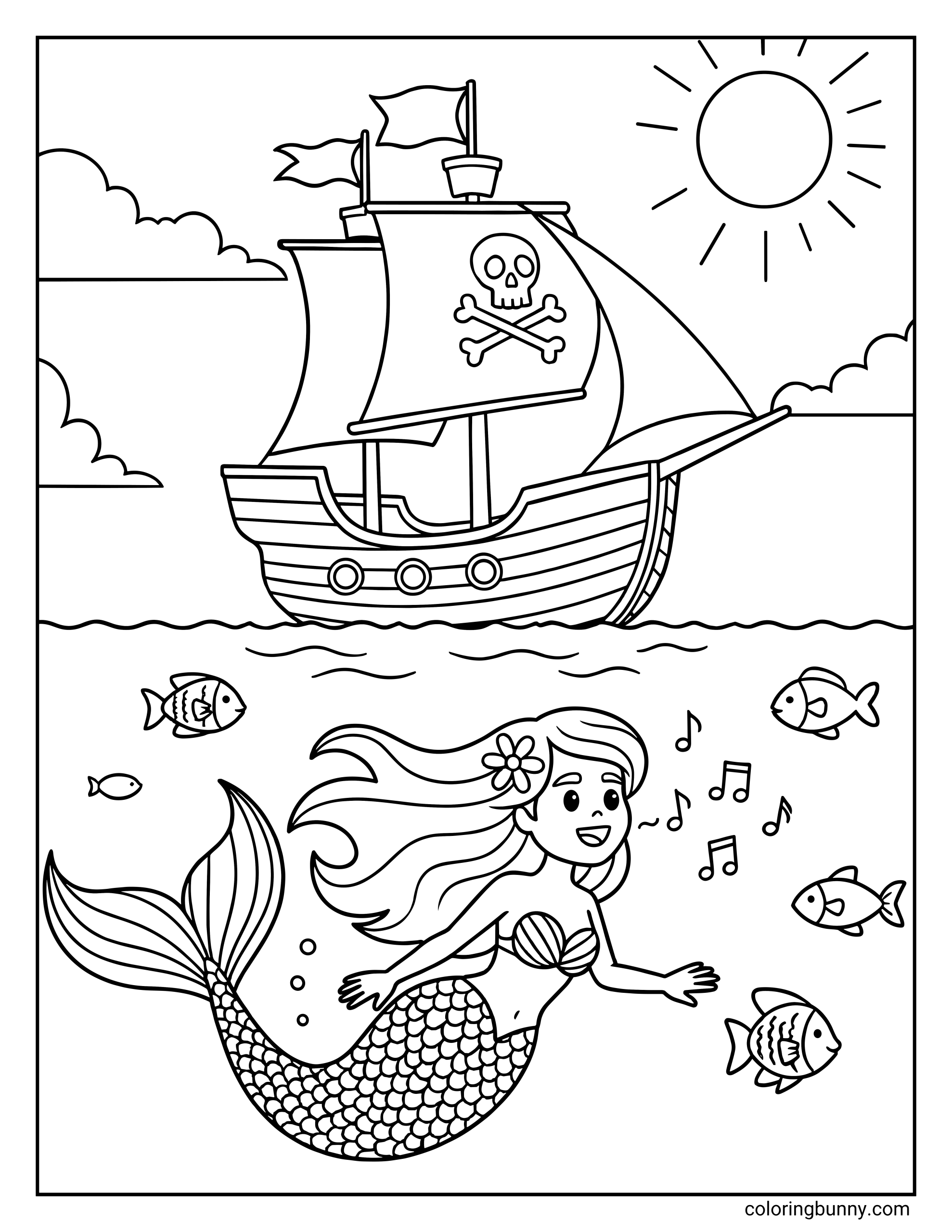 An exciting coloring page showing a split scene: above water, a pirate ship sails under a bright sun; below water, a smiling mermaid sings with musical notes surrounded by swimming fish.