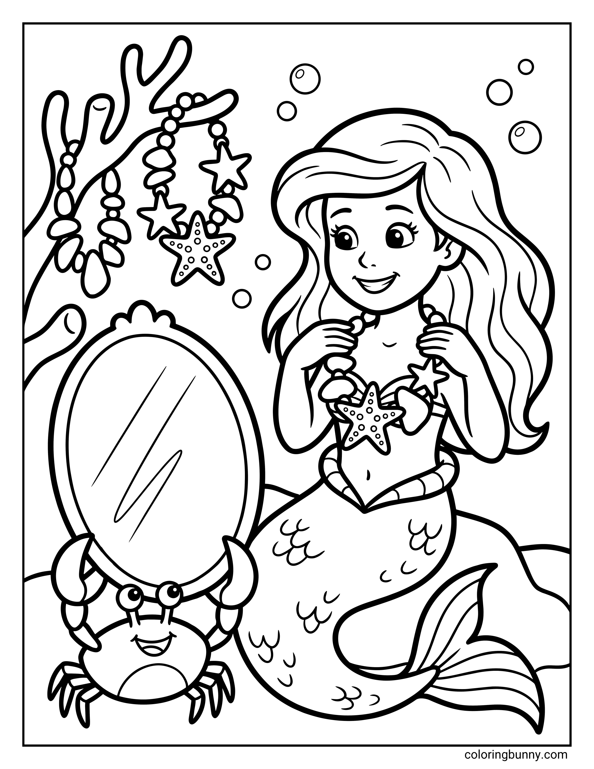 A coloring page of a smiling mermaid putting on a necklace made of pearls and a starfish. A small crab is holding a mirror for her, and other shell necklaces are hanging on a piece of coral in the background.
