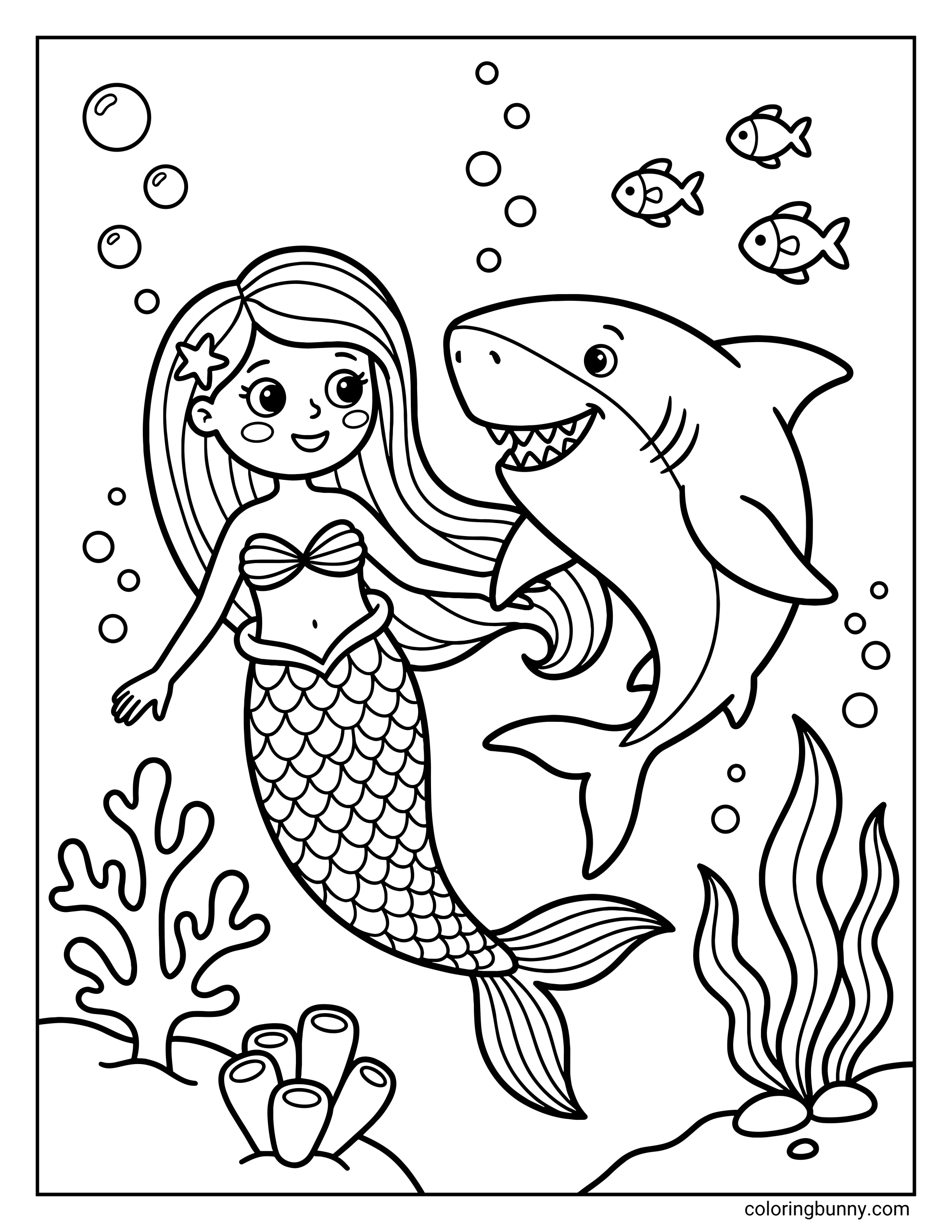 A coloring page of a mermaid with a starfish in her hair, smiling at a large friendly shark swimming next to her, surrounded by bubbles, small fish, coral, and seaweed.