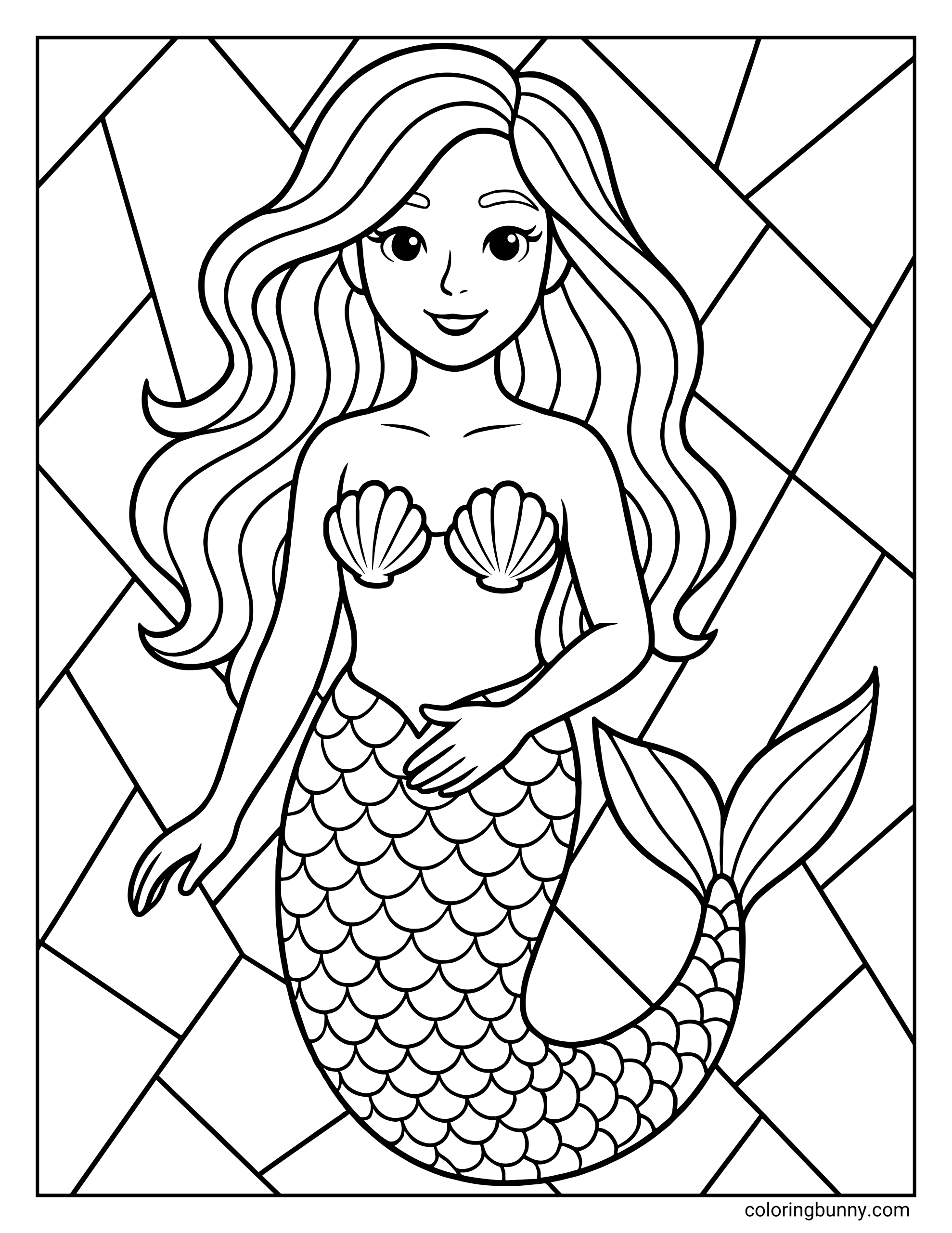 A coloring page of a mermaid with long wavy hair, posing in front of a background made of large geometric shapes.