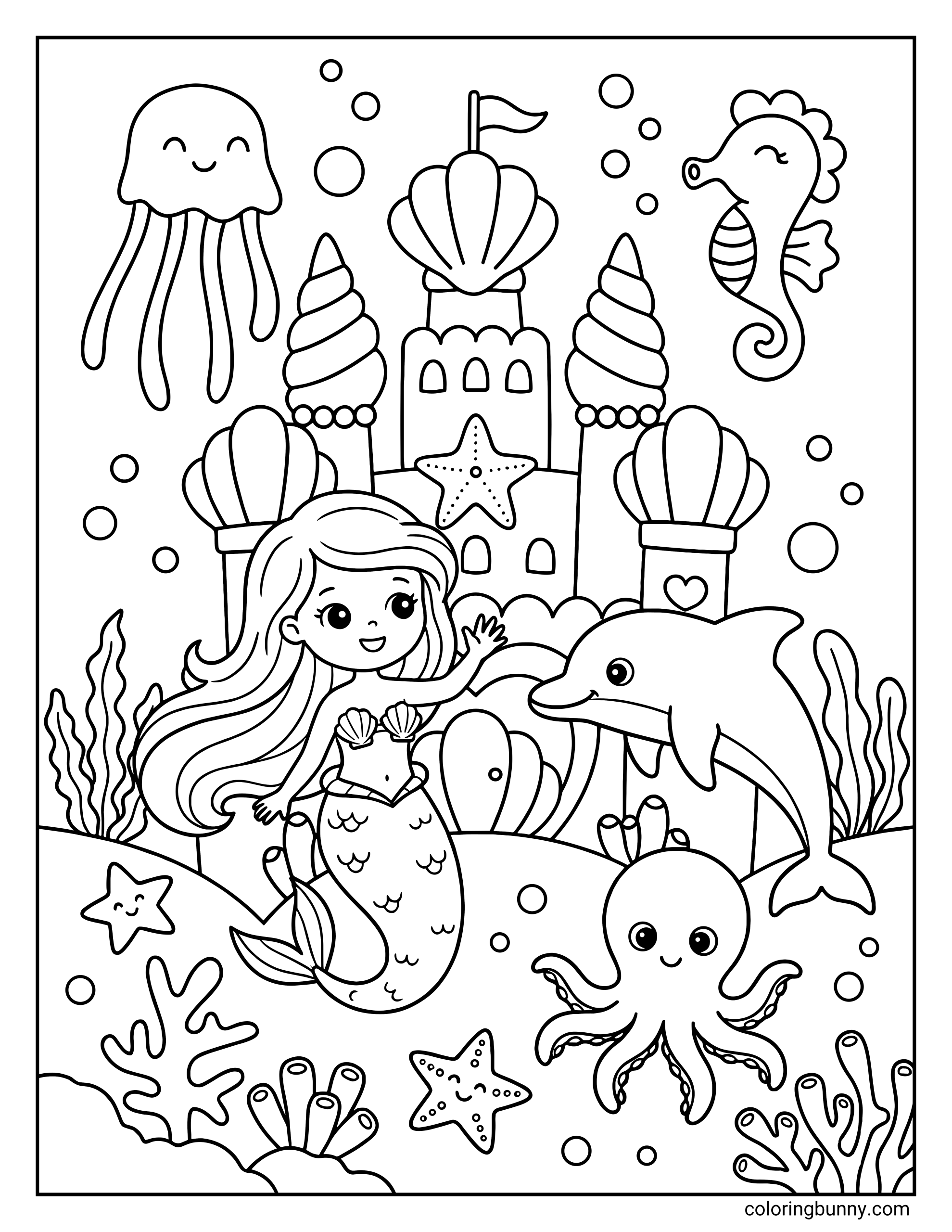 A coloring page showing a cute mermaid princess waving to a swimming dolphin in front of a large underwater castle with shell towers, surrounded by a jellyfish, seahorse, octopus, and starfish.
