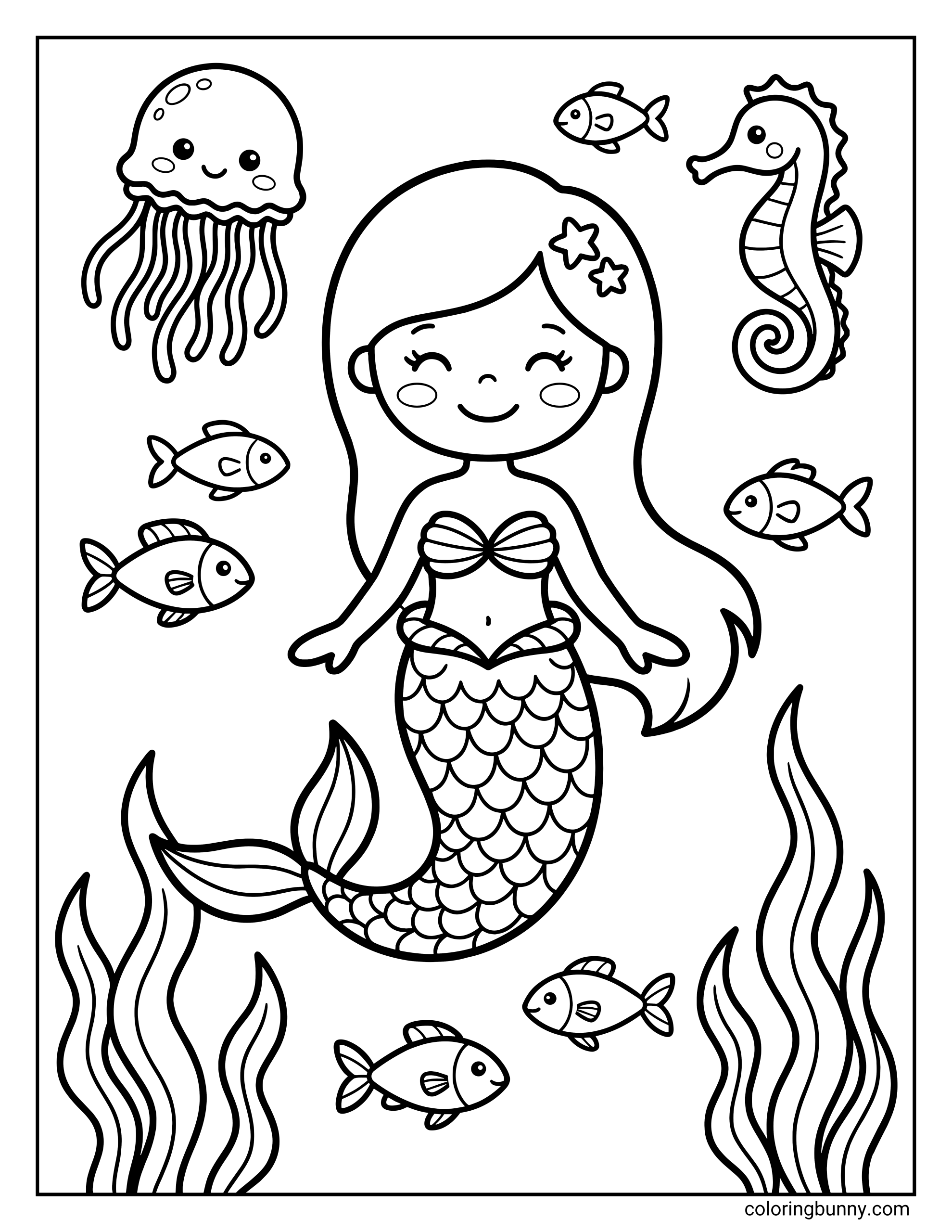 A coloring page of a smiling mermaid surrounded by a jellyfish, a seahorse, and several small fish swimming near seaweed.