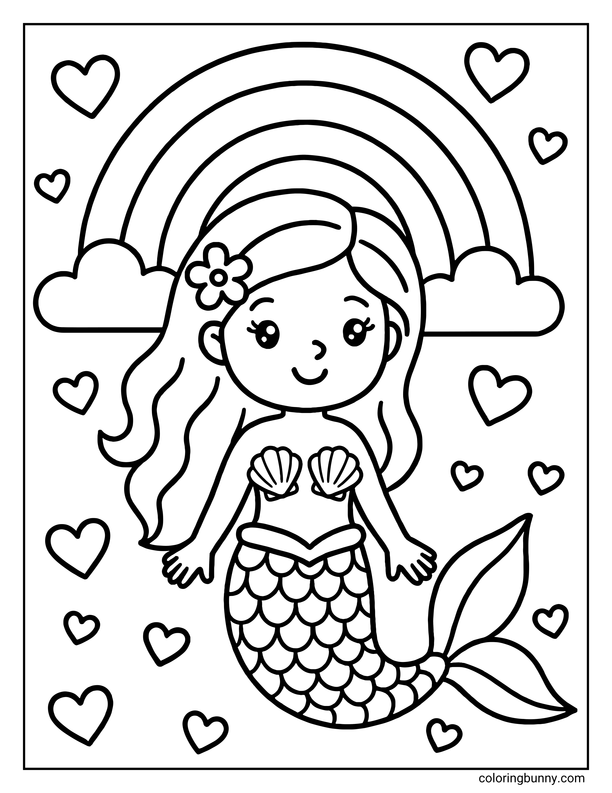 A coloring sheet of a mermaid with a flower in her hair, posing in front of a large rainbow with hearts filling the background.