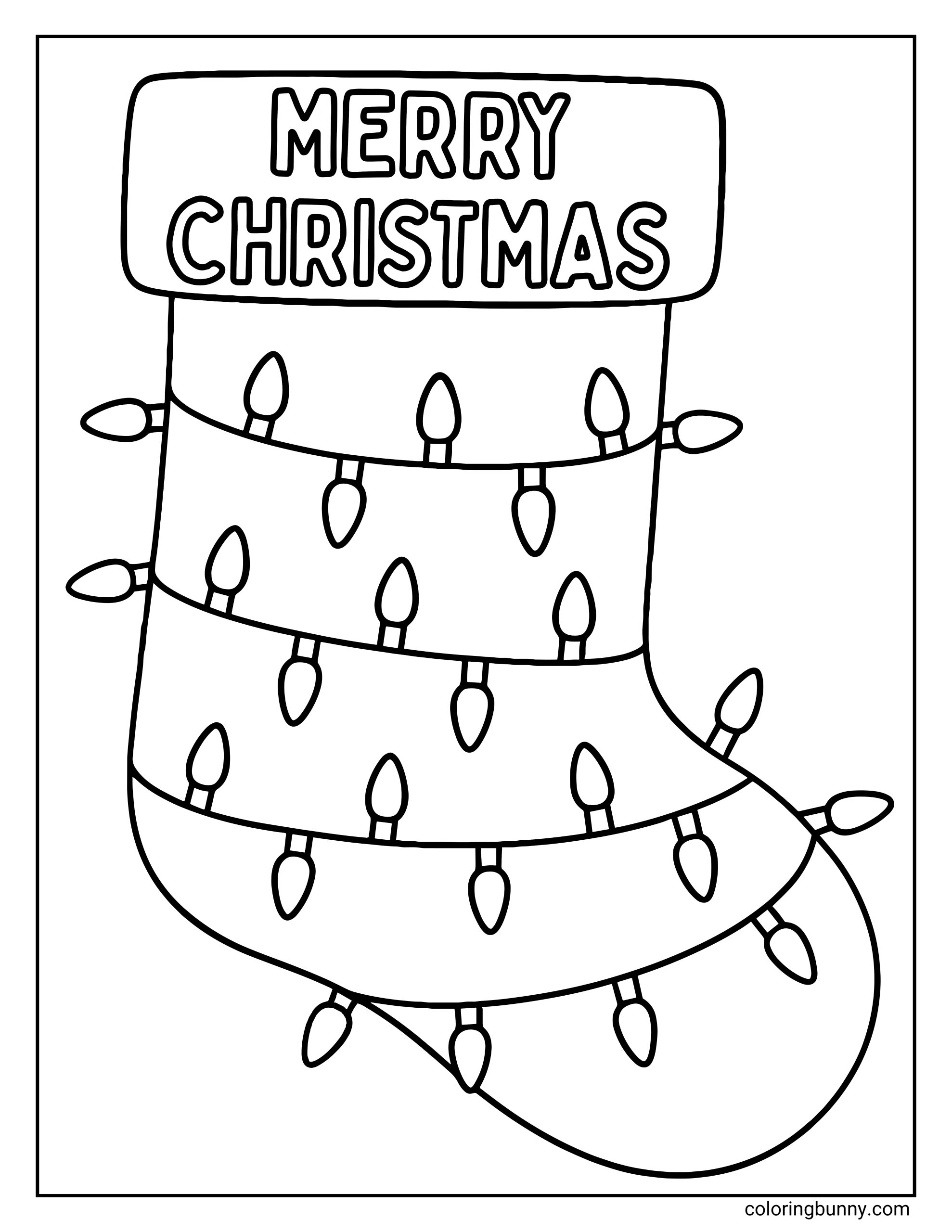 A Christmas stocking coloring page featuring the text "Merry Christmas" on the cuff and wrapped in a string of Christmas lights.