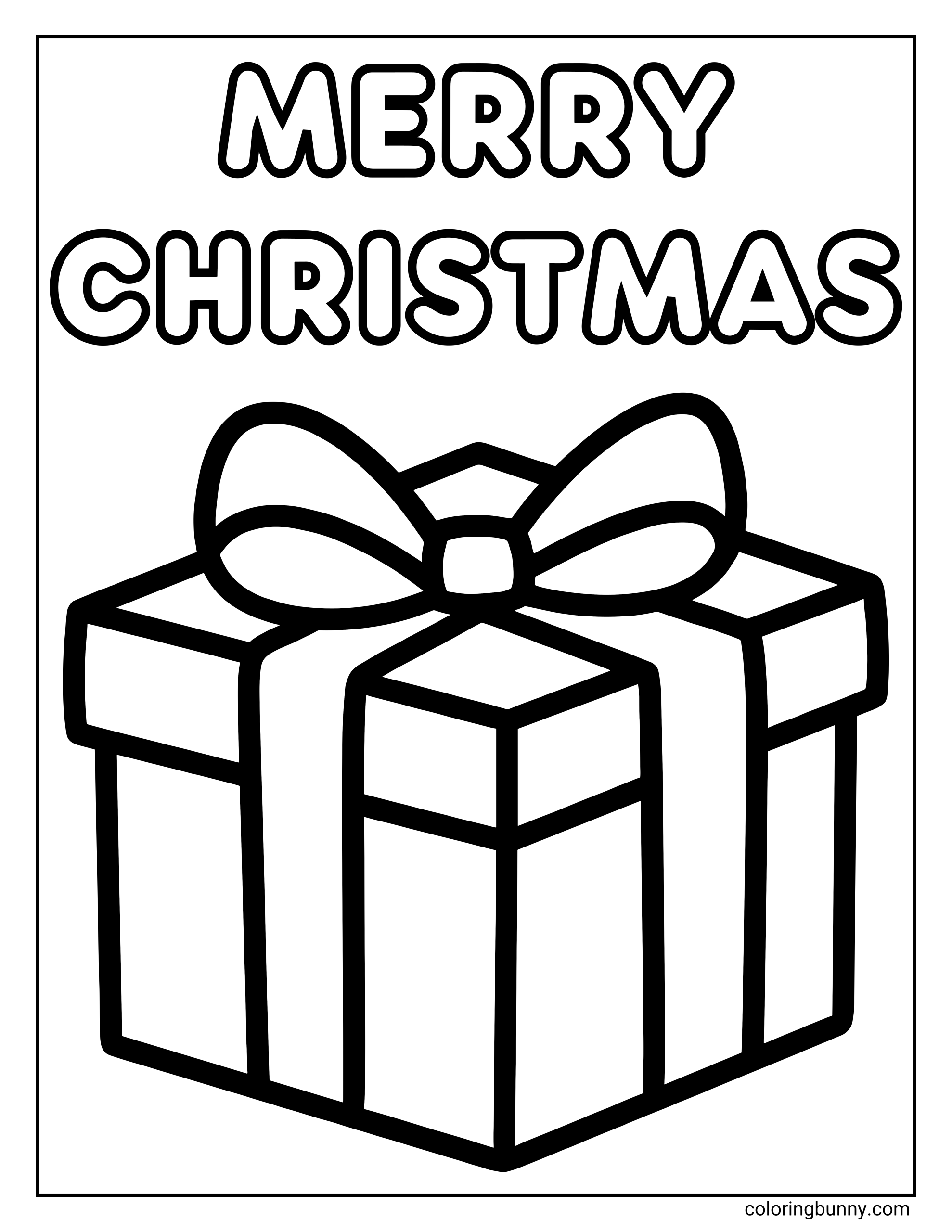 An easy Christmas coloring page featuring the words "Merry Christmas" in big bubble letters, placed above a large, ribbon-wrapped gift box waiting to be colored.