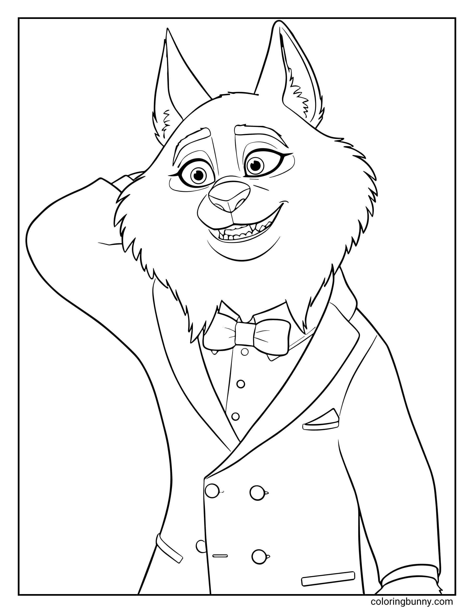 A Zootopia 2 coloring page of Milton Lynxley, a smiling lynx character wearing a formal double-breasted suit jacket with a pocket square, a button-up shirt, and a large bow tie. The lynx has fluffy cheeks, tall pointed ears, and an expressive face, lifting one arm behind his head in a bashful or nervous gesture, as if reacting to an awkward or charming moment in Zootopia 2.