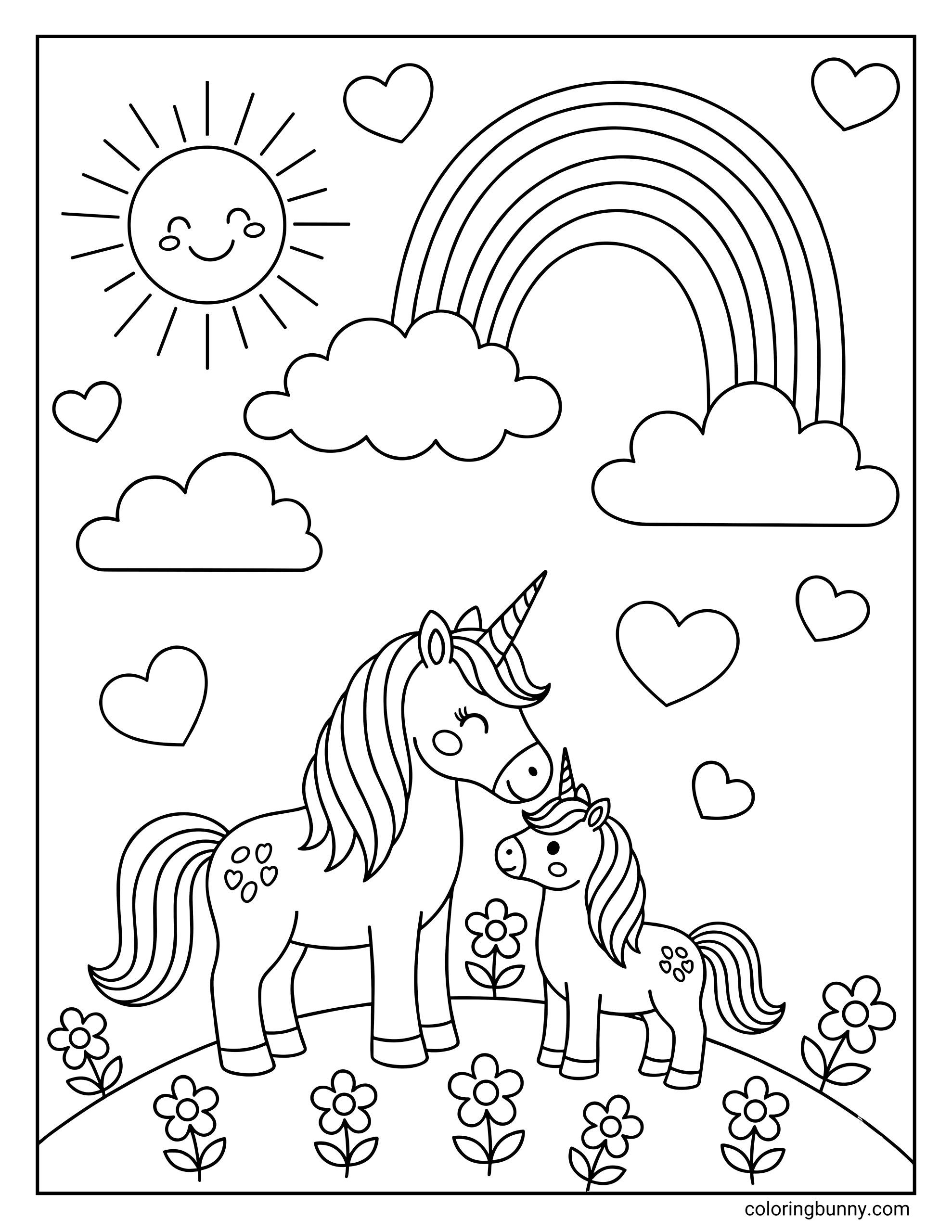 A coloring page of a mother unicorn and her baby standing nose-to-nose on a flowery hill. The background features a smiling sun, a large rainbow, clouds, and floating hearts.