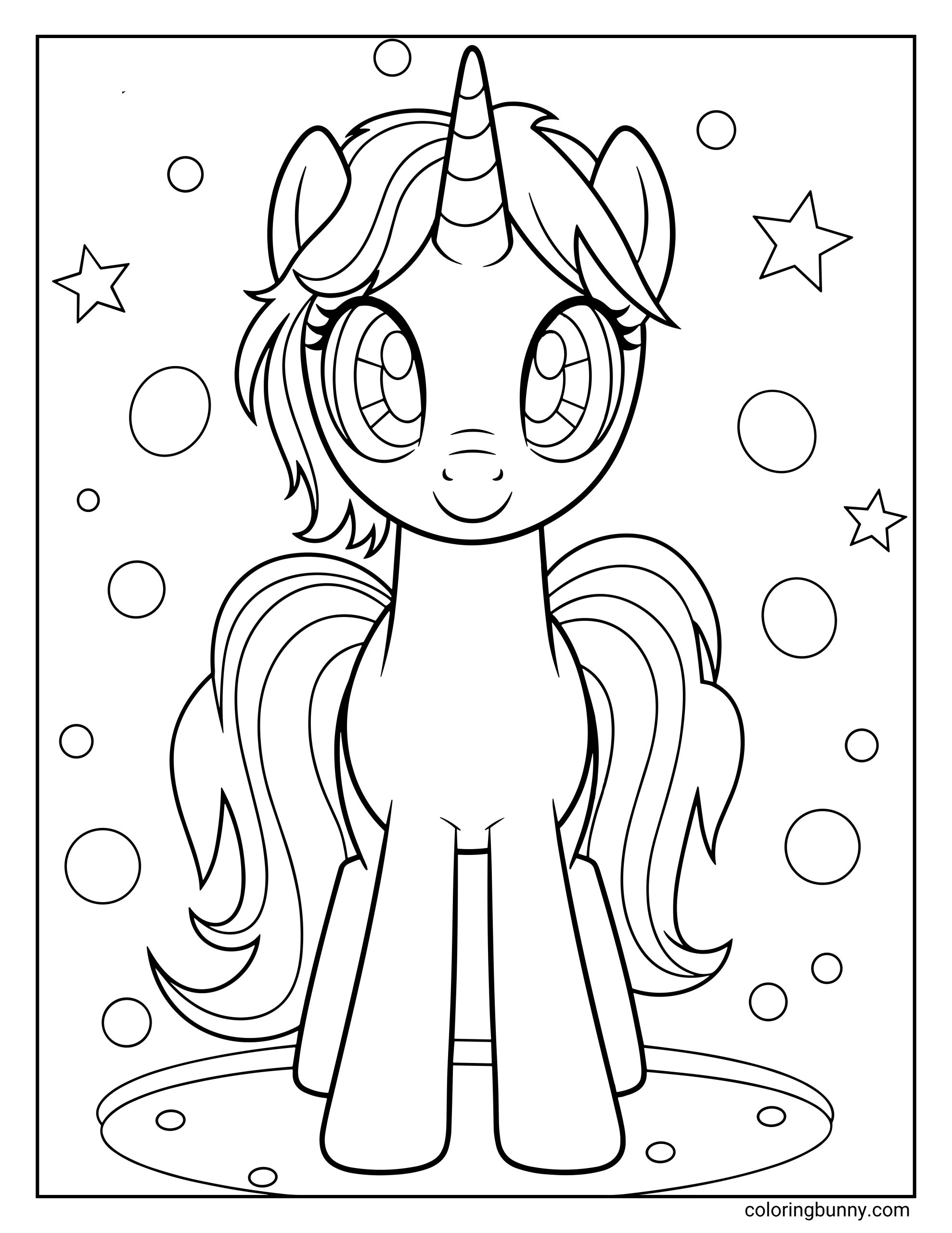 A unicorn coloring page of a My Little Pony character standing proudly in the center, with a long spiraled horn, large sparkling eyes, and a friendly smile. The unicorn has a flowing mane and tail with soft, curved strands, perked ears, and a slender cartoon body. The background is filled with playful floating circles and star shapes, all framed neatly for easy coloring.