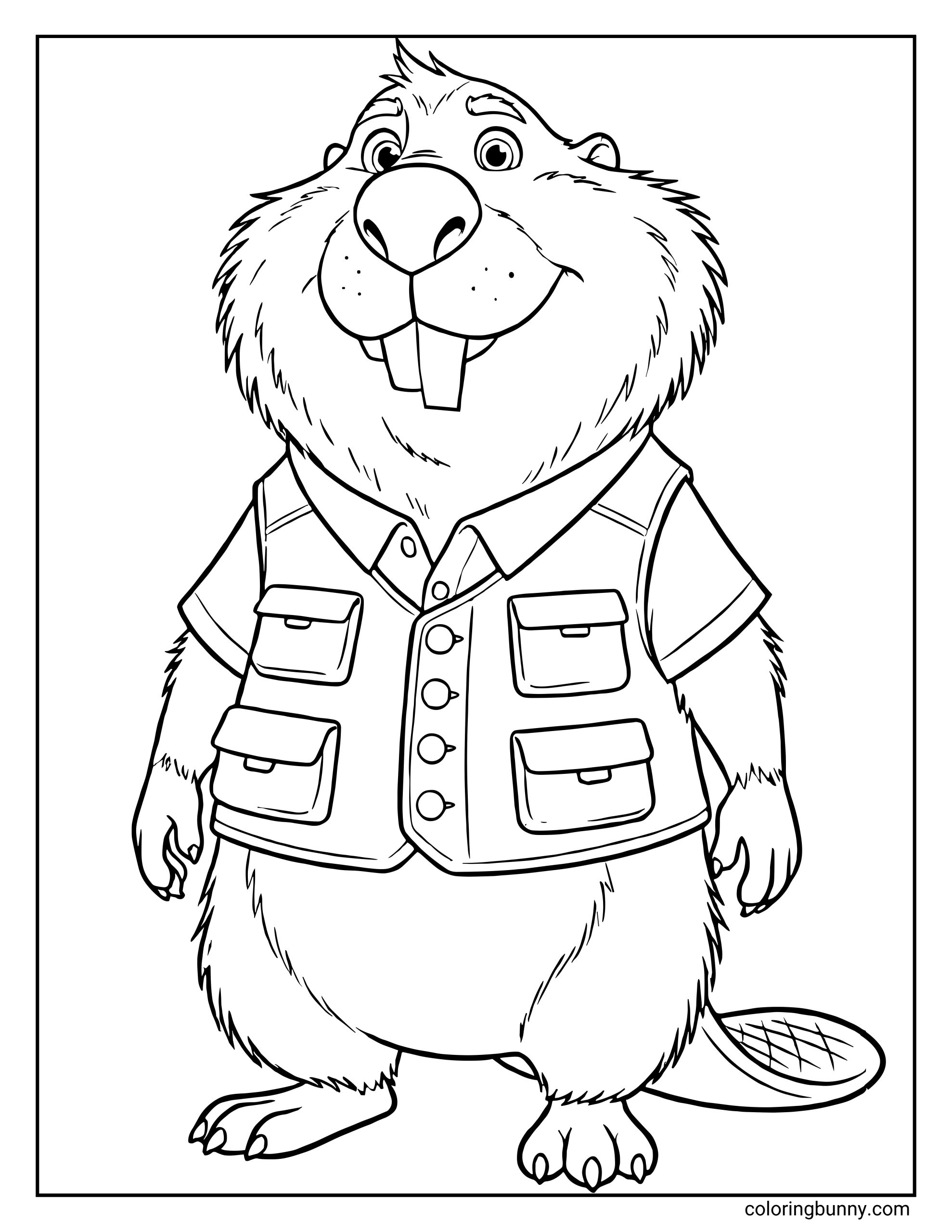 A Zootopia 2 coloring page of Nibbles Maplestick, a friendly beaver standing upright and smiling. He has a rounded face with large front teeth, small ears, and shaggy fur. He’s wearing a collared short-sleeve shirt underneath a utility vest with multiple pockets and buttons. His flat, textured tail rests behind him, and he stands with his paws relaxed at his sides, looking ready to help with a new Zootopia 2 mission involving building, fixing, or some very official paperwork.