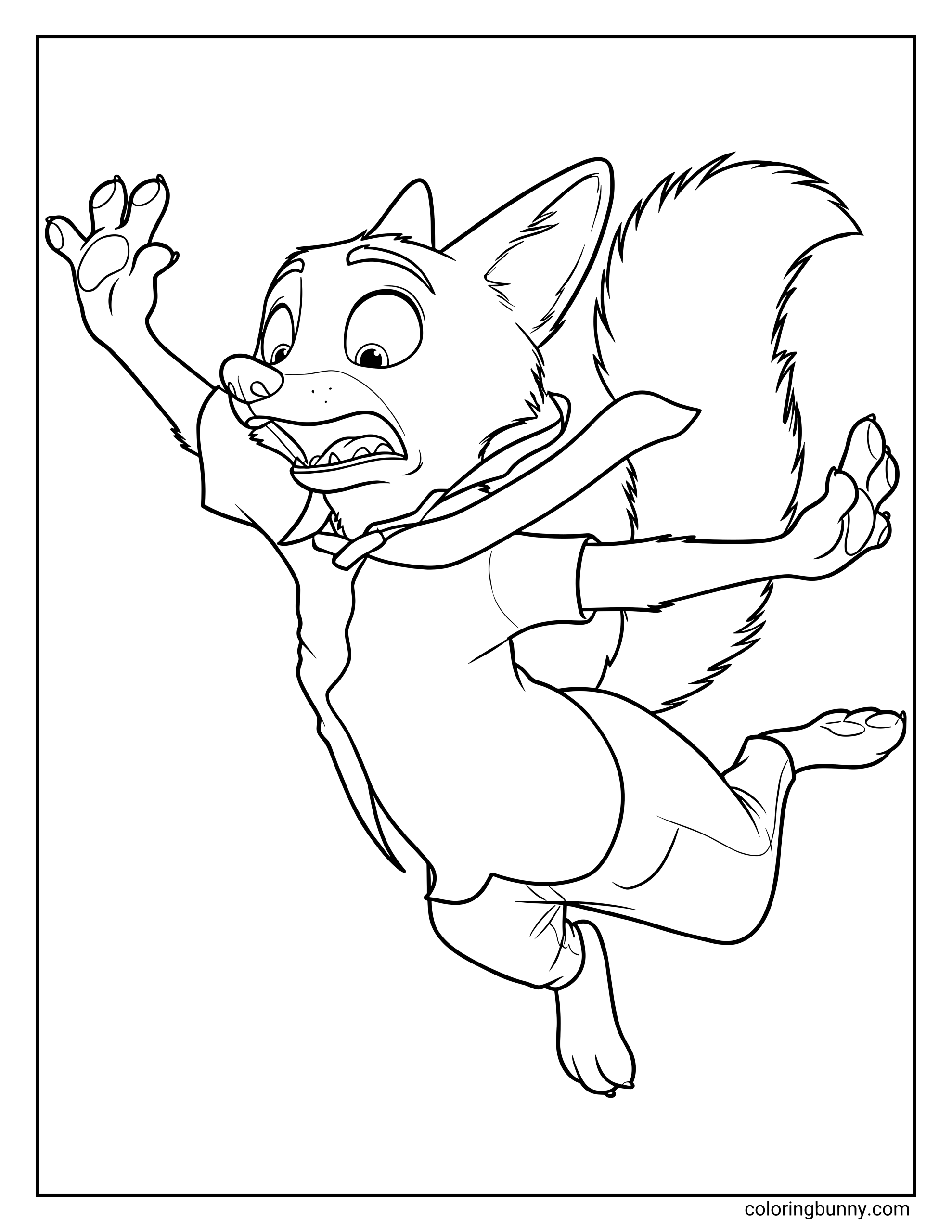 A Zootopia 2 coloring page of Nick Wilde mid-fall, flailing his arms with a panicked expression. He’s wearing his usual short-sleeved button-up shirt, loose tie flying upward from the motion, and rolled-up trousers. His tail streams behind him as he drops through the air, looking startled as if he’s been knocked off balance during an unexpected Zootopia 2 chase scene.