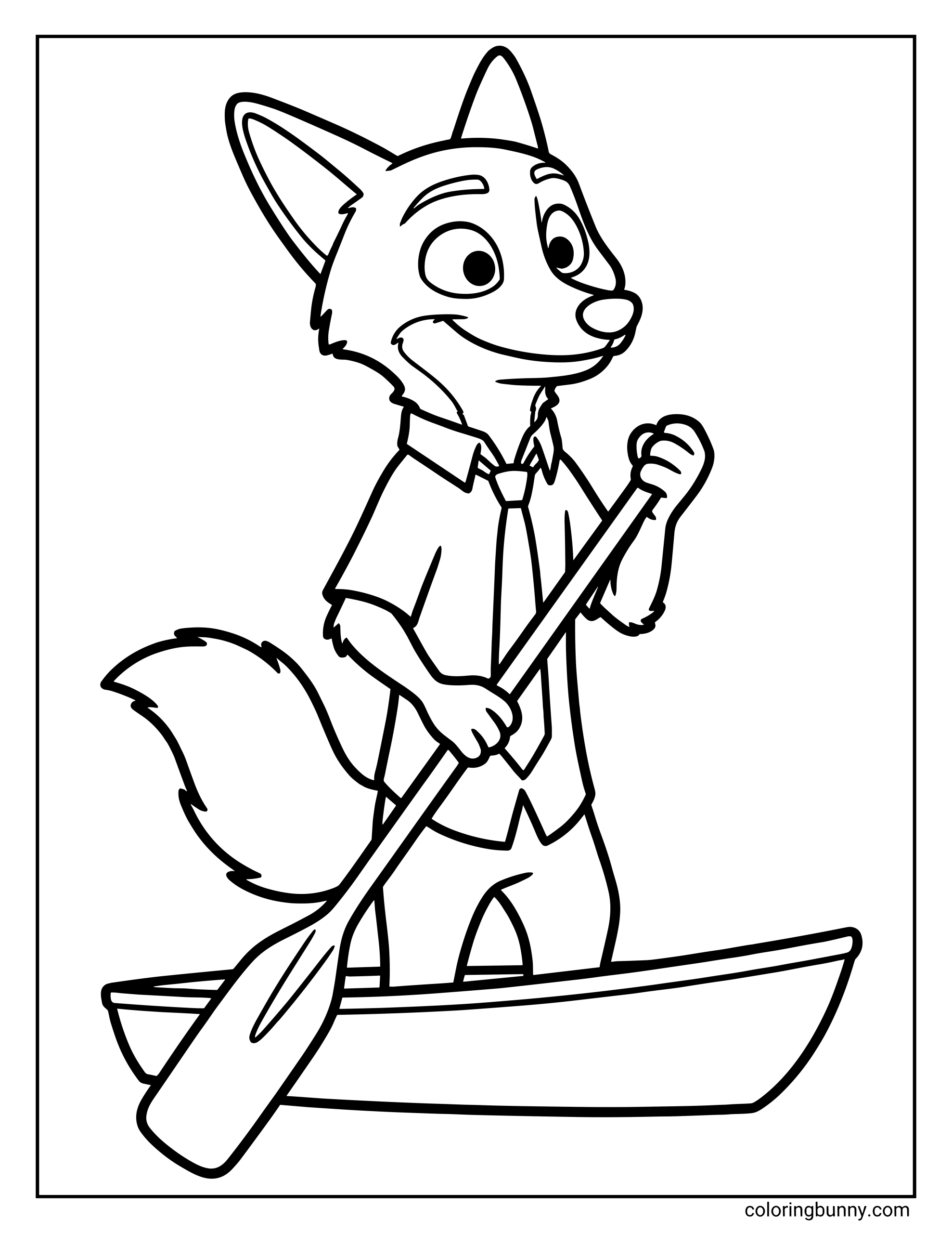 A Zootopia 2 coloring page of Nick Wilde standing inside a small wooden rowboat while holding a long oar. He’s wearing his usual outfit: a short-sleeved button-up shirt, necktie, and trousers. Nick has a cheerful, confident smile as he rows, with his bushy tail curved behind him. The simple boat rests on calm water, suggesting Nick is navigating part of a lighthearted or unexpected moment during a Zootopia 2 mission.