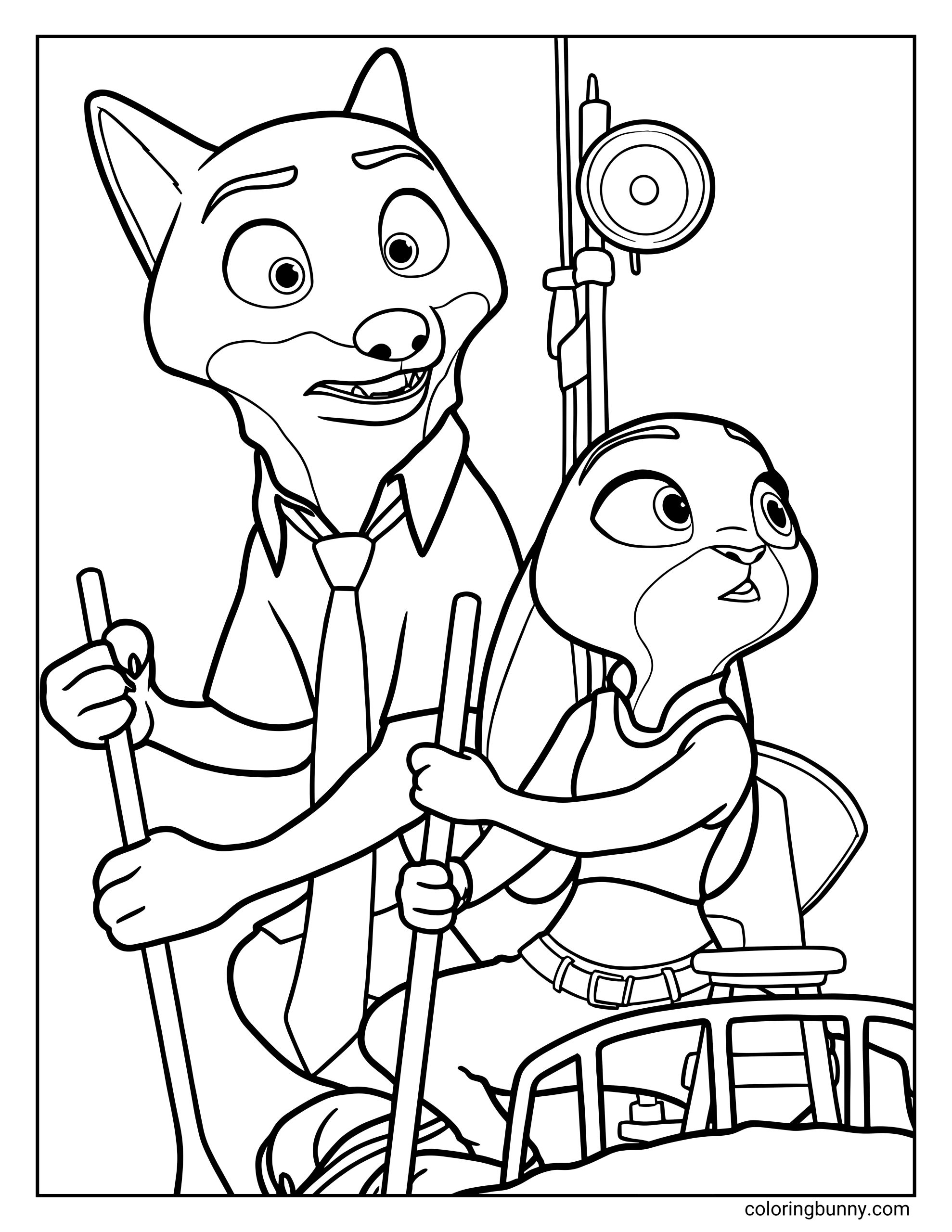 A Zootopia 2 coloring page featuring Judy Hopps and Nick Wilde rowing together in a small boat. Judy, wearing her police uniform and utility belt, sits at the front gripping an oar and looking alert toward something ahead. Nick sits behind her, wearing his short-sleeved button-up shirt and tie, holding his own oar with a slightly anxious or surprised expression. A mechanical pulley or hoist system is visible behind them, suggesting they are navigating through an industrial or underwater facility as part of a Zootopia 2 mission.