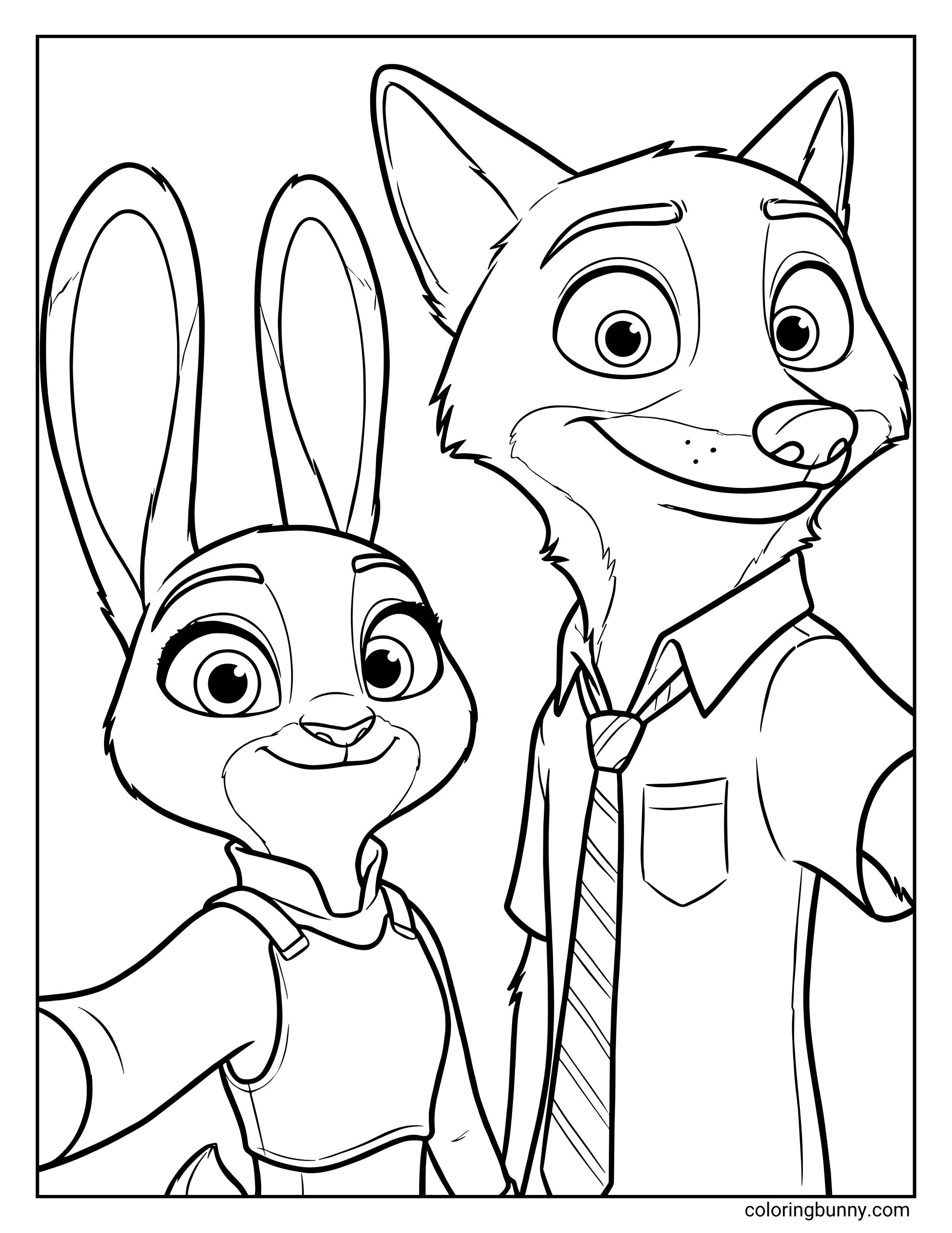 A Zootopia 2 coloring page of Judy Hopps and Nick Wilde posing for a selfie. Judy is wearing her police uniform with her protective vest, smiling warmly as she holds the camera. Nick stands beside her in his short-sleeved button-up shirt and striped tie, grinning confidently. Both characters are close to the frame, as if capturing a friendly partner photo before their next Zootopia 2 adventure.