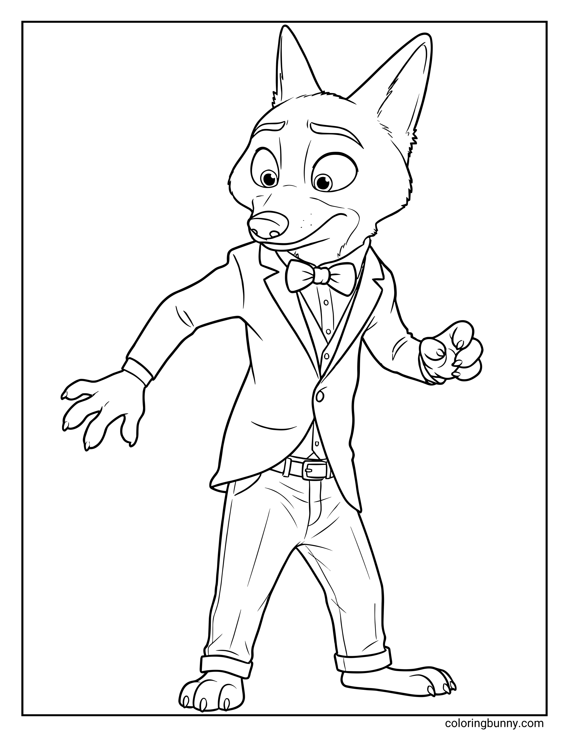 A Zootopia 2 coloring page of Nick Wilde dressed in a formal suit. He’s wearing a fitted blazer over a button-up shirt with a large bow tie, paired with rolled-up trousers and a belt. Nick stands with one paw raised and the other stretched out, looking slightly startled or unsure, as if reacting to some unexpected Zootopia 2 situation happening just off-screen.