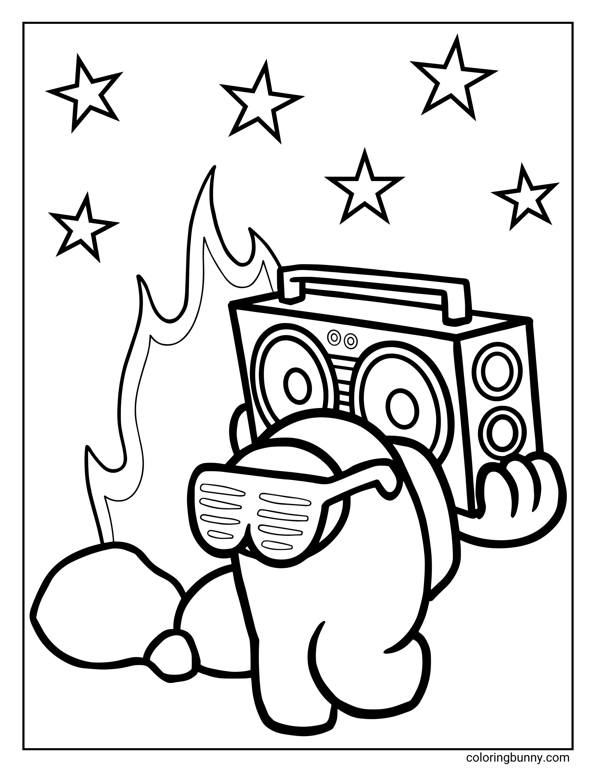 An Among Us noisemaker coloring page showing a noisemaker role crewmate wearing shutter-style sunglasses and carrying a large boombox, with stars in the background and stylized flames behind them.