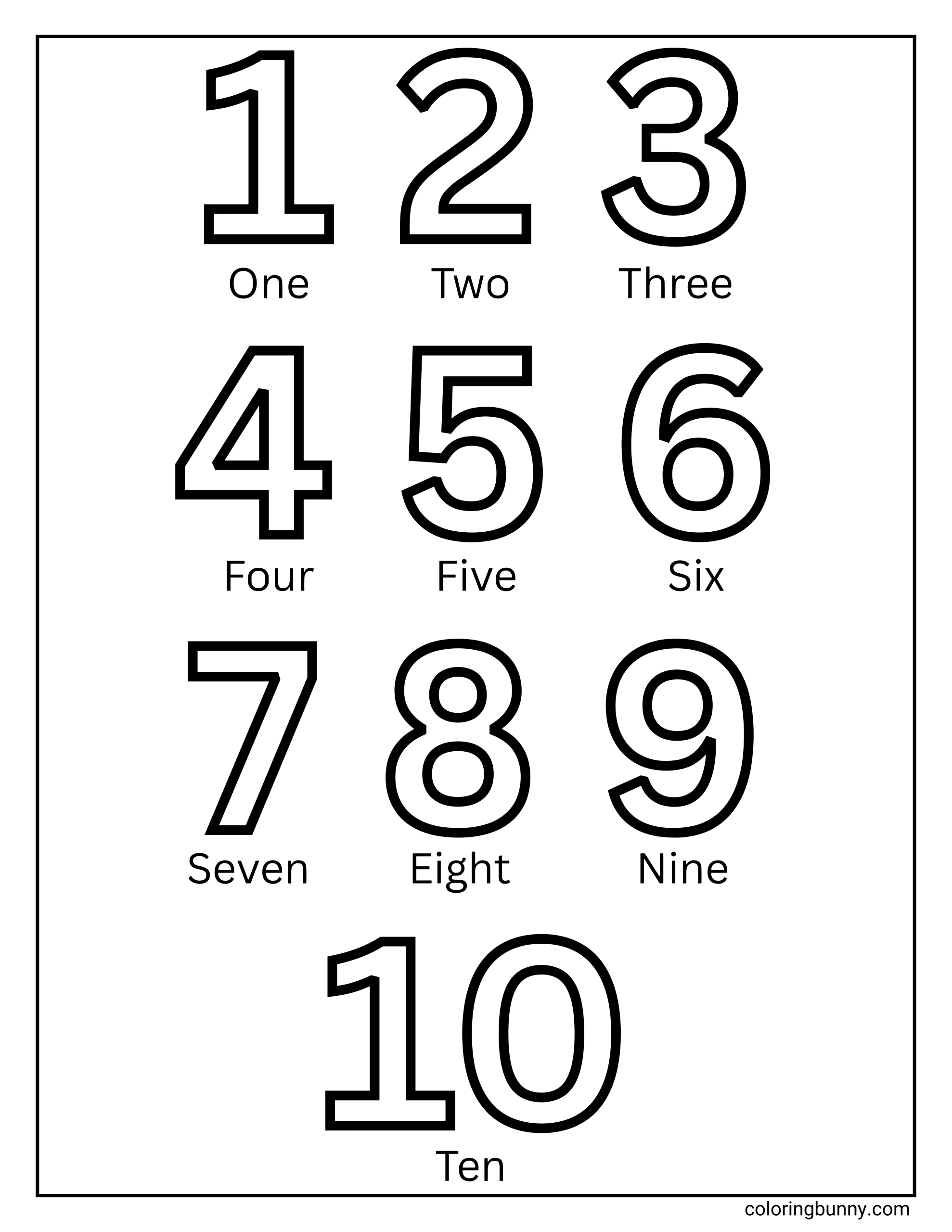 A numbers 1–10 coloring page showing large outlined numerals with each number labeled in words underneath, designed for early counting and number recognition.