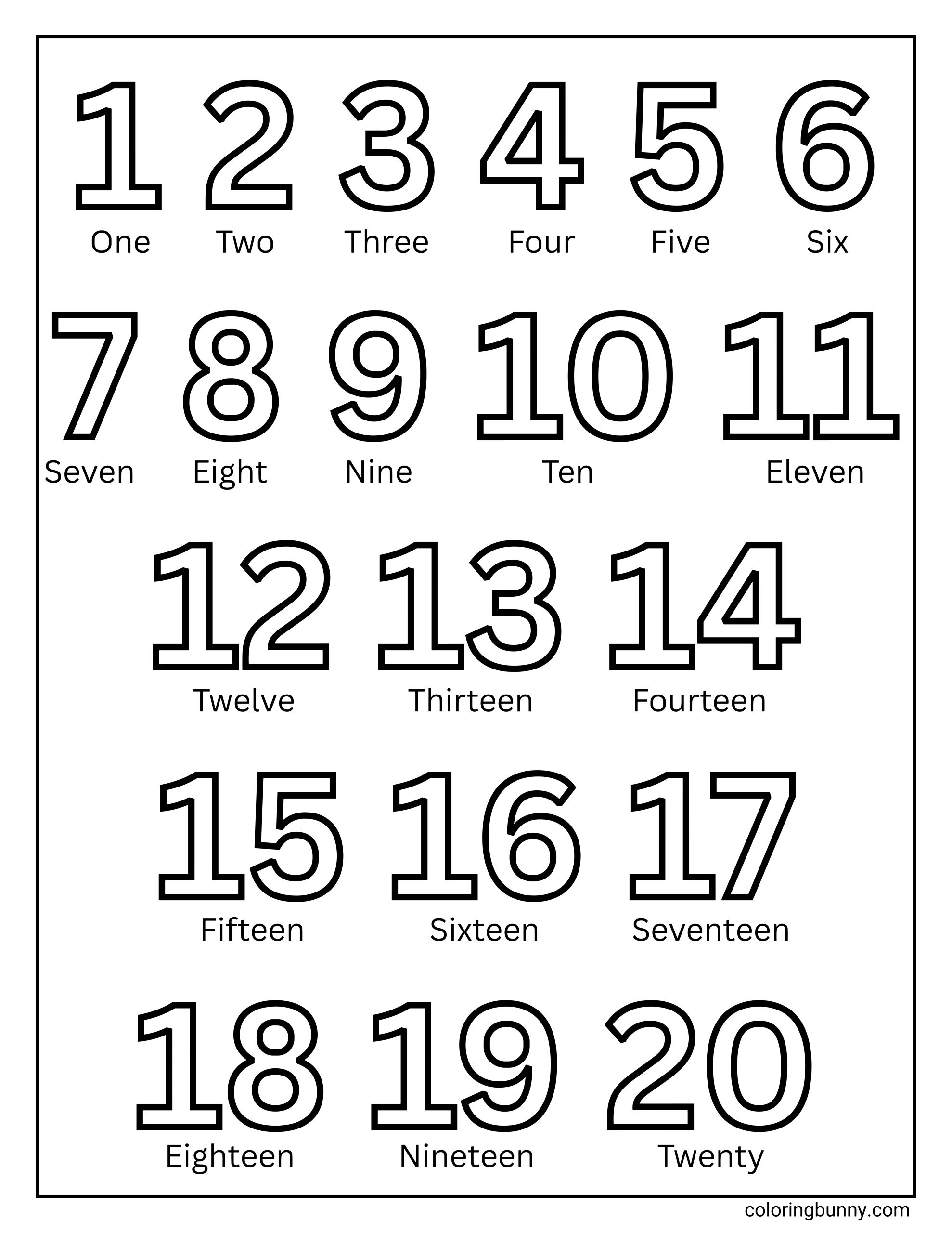 A numbers 1–20 coloring page featuring large outlined numerals with each number written in words underneath, designed to help children practice counting, number recognition, and reading number names.