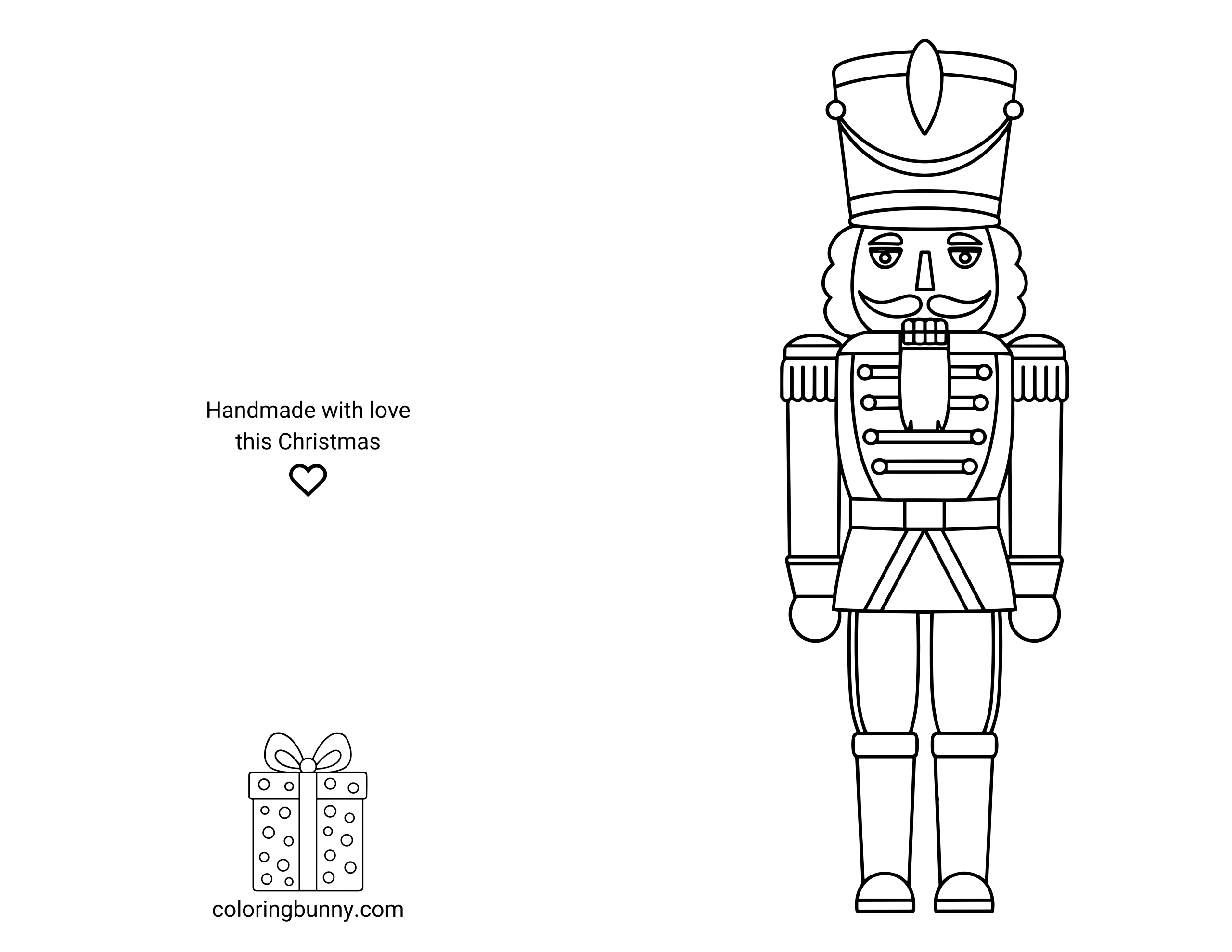 A printable and foldable Christmas card coloring page featuring a traditional Nutcracker soldier standing tall in detailed uniform. The left half of the page shows the back of the card with the text “Handmade with love this Christmas,” a small heart icon, and a wrapped gift illustration.
