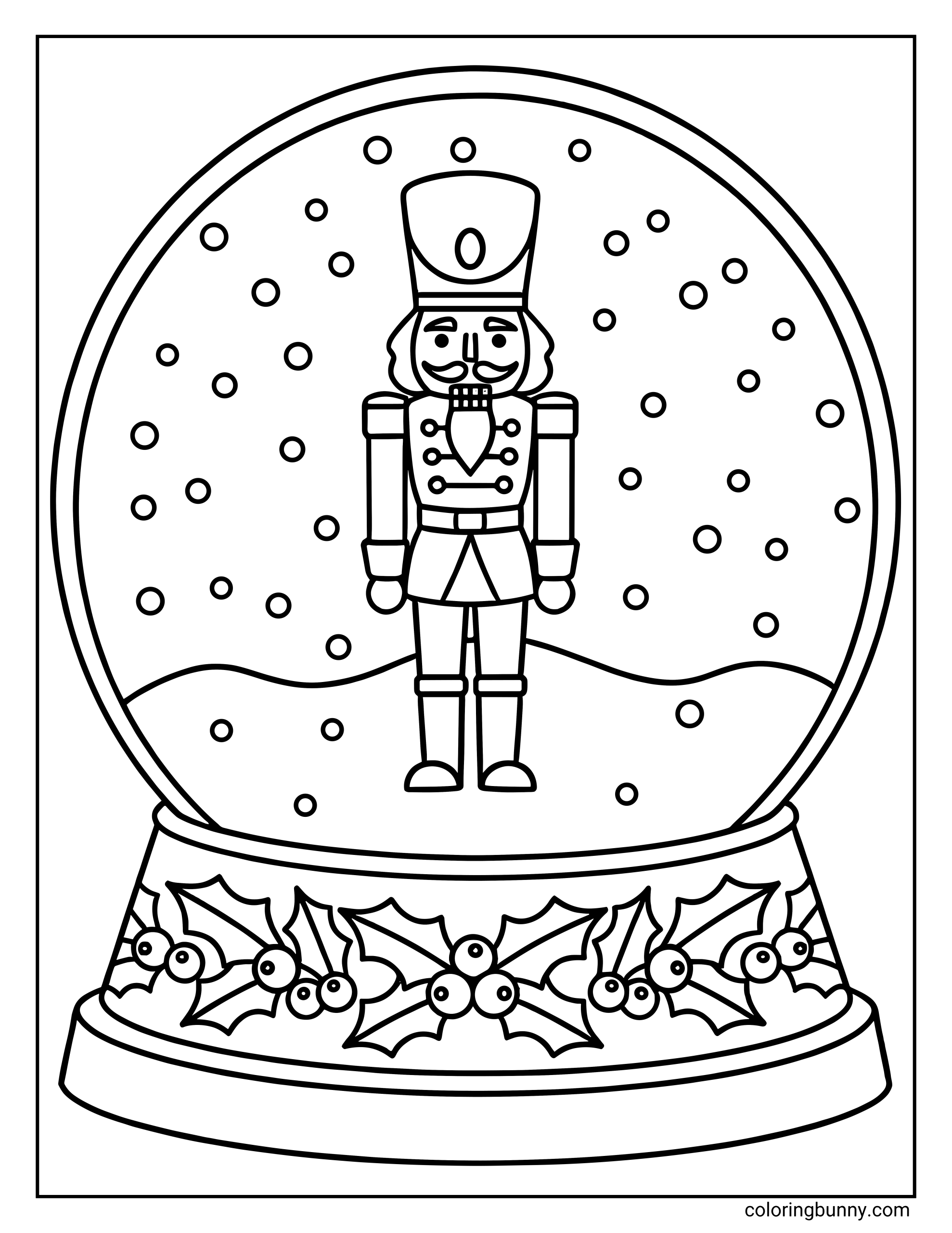 Nutcracker coloring page featuring a toy soldier in uniform standing inside a snow globe with falling snow and a holly-decorated base.