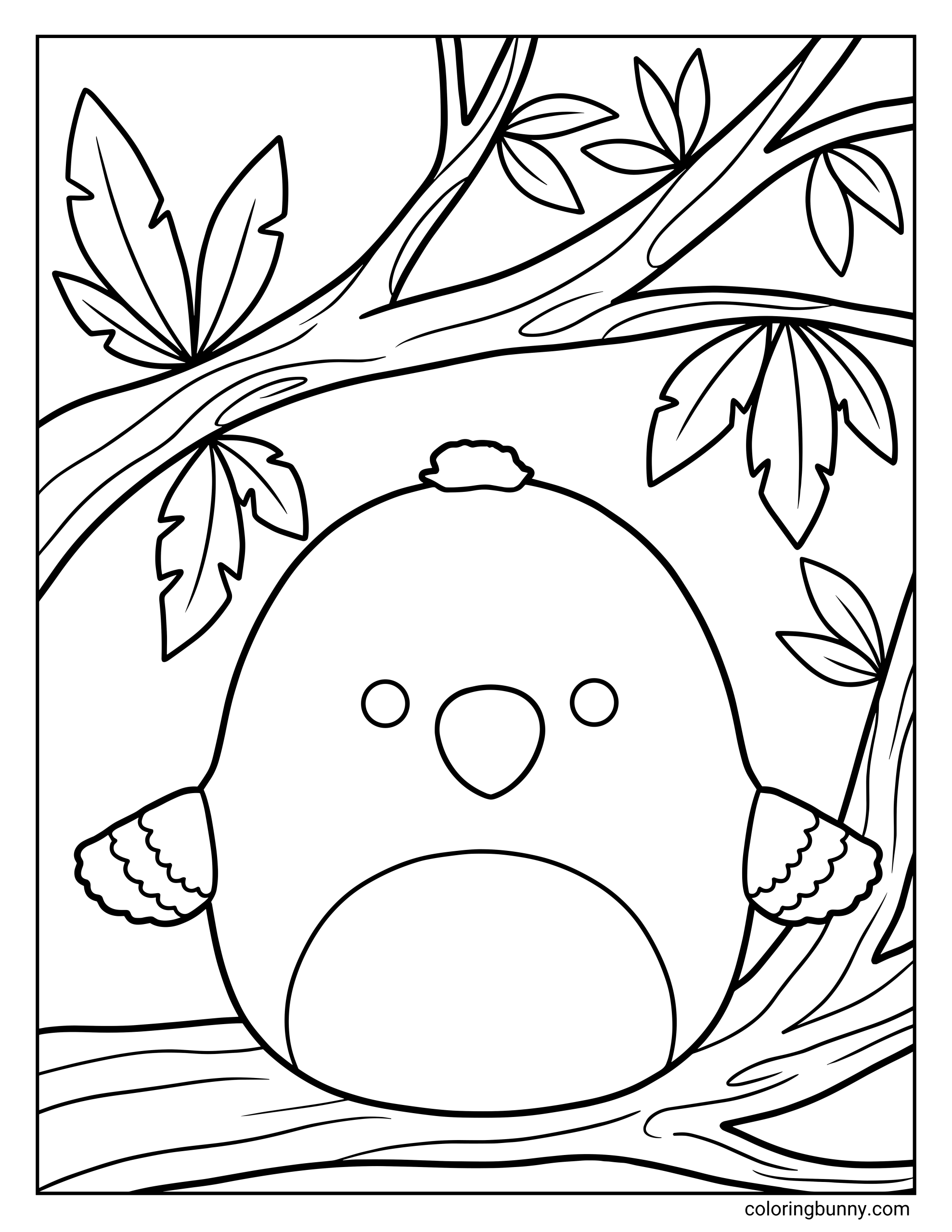 A Squishmallow coloring page of Paco the Parrot, shown as a round, plush parrot perched on a thick tree branch. Paco has a small curved beak, tiny wings held at his sides, and a simple, friendly expression, with leafy branches surrounding him to create a calm jungle setting.