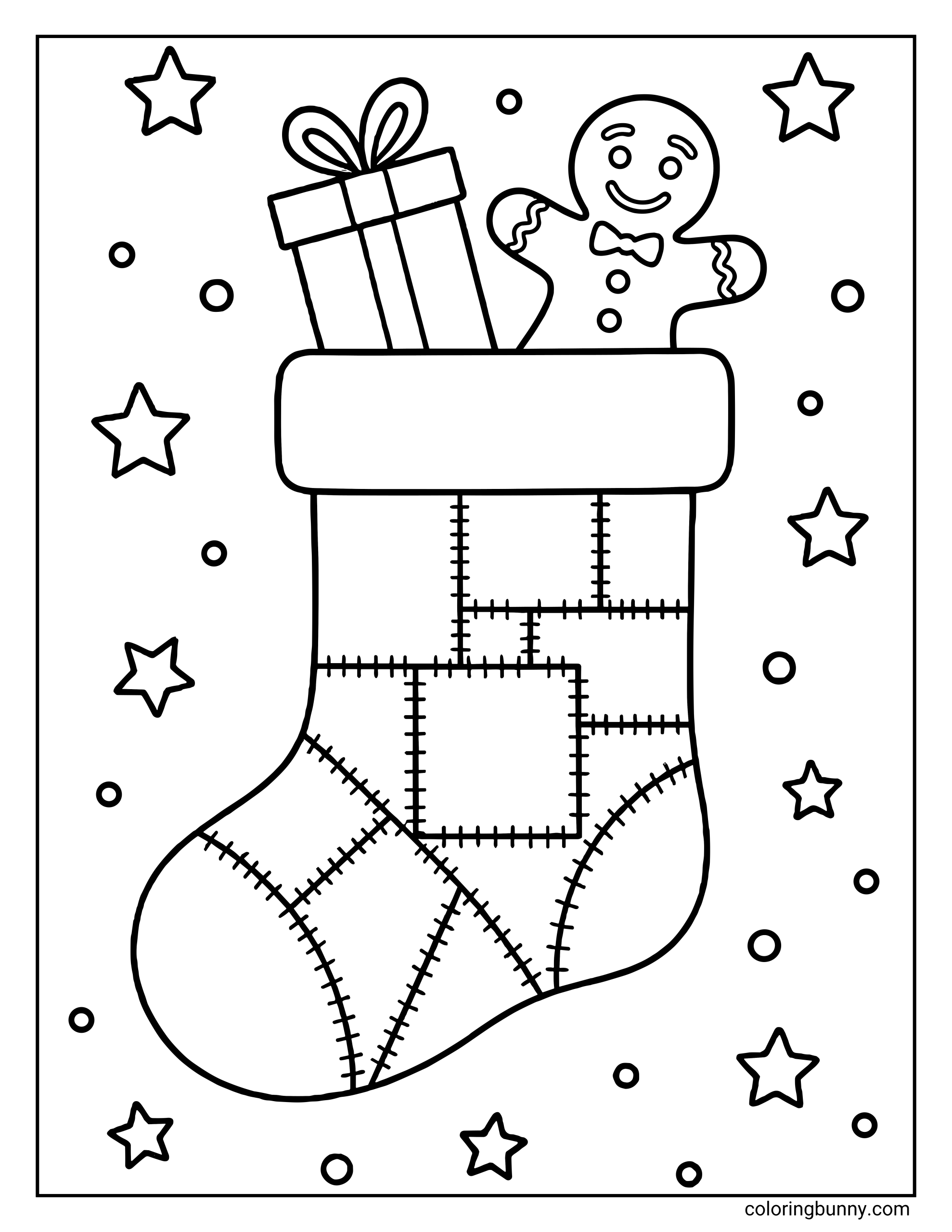 Christmas stocking coloring page with patchwork design, wrapped gift, and gingerbread man