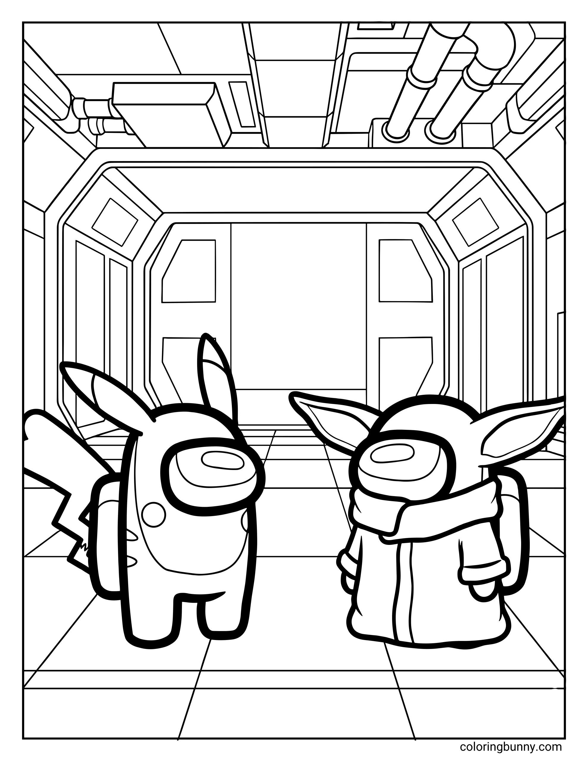 A cute Among Us coloring page showing two crewmates in a spaceship hallway, one dressed like Pikachu with ears and a lightning tail, and the other dressed like Baby Yoda wearing a robe.