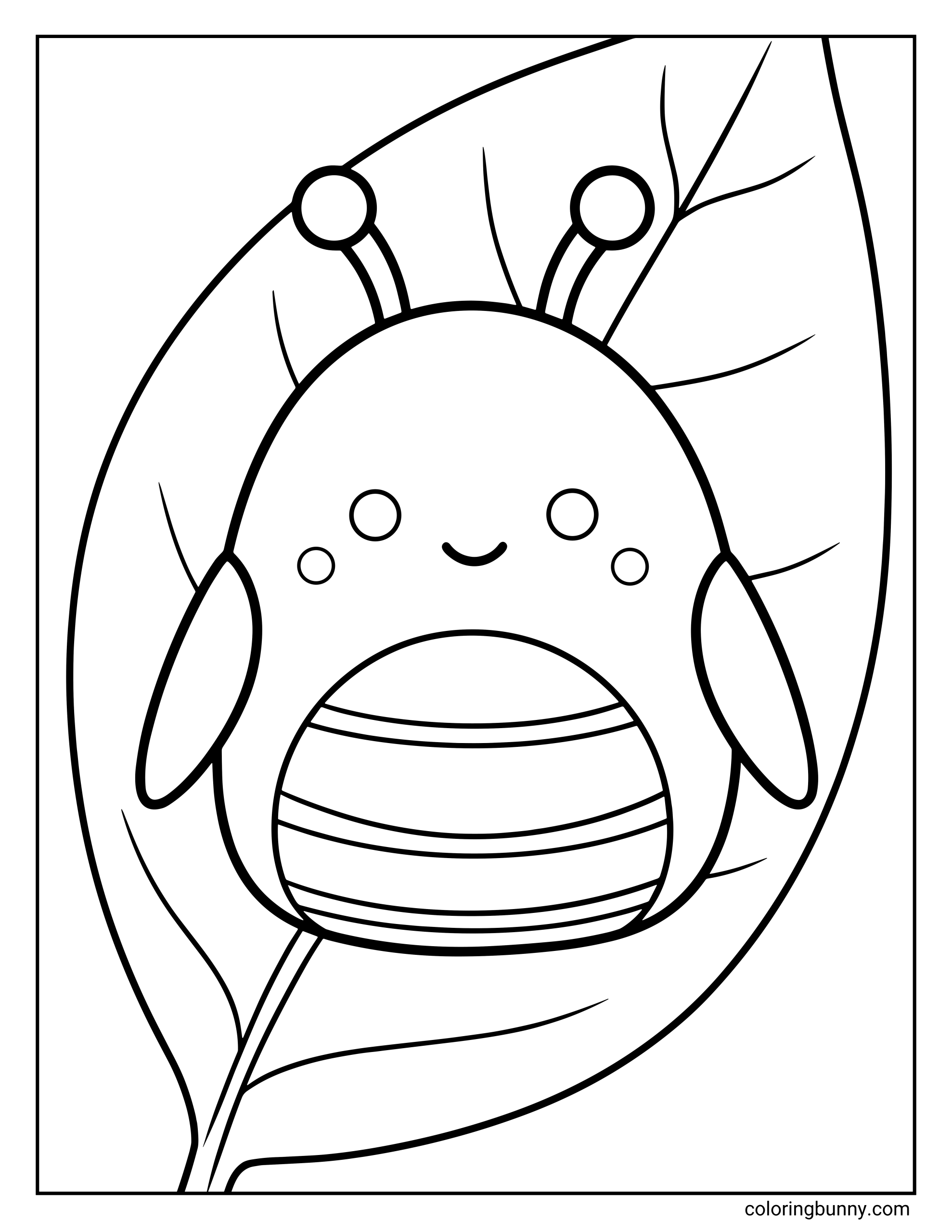 A simple Squishmallow coloring page of Pilar the Grasshopper, shown as a round, plush-style character with small antennae, a gentle smile, and striped detailing across the belly. Pilar is perched on a large leaf that curves around the character, with simple vein lines adding texture, creating a calm nature-themed scene.