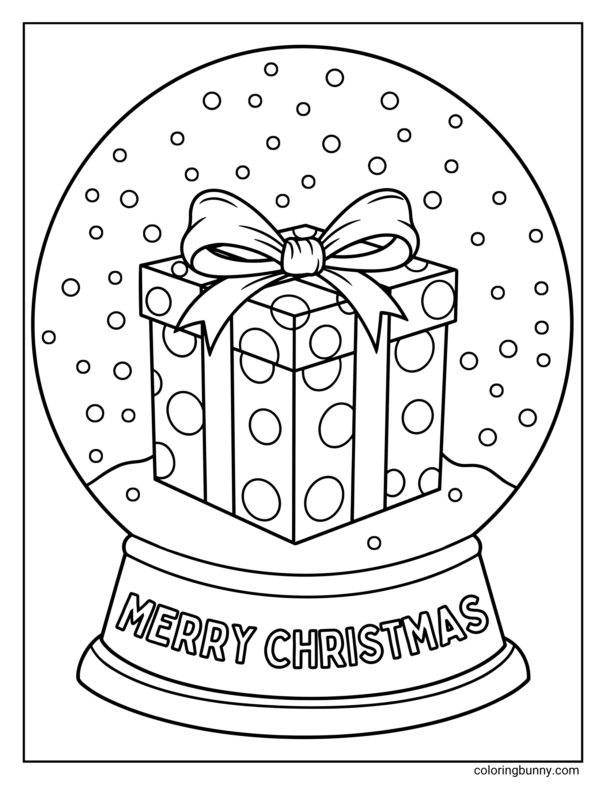 Christmas snow globe coloring page featuring a large gift box with polka dots and a ribbon inside a snow globe with the text "MERRY CHRISTMAS" on the base.